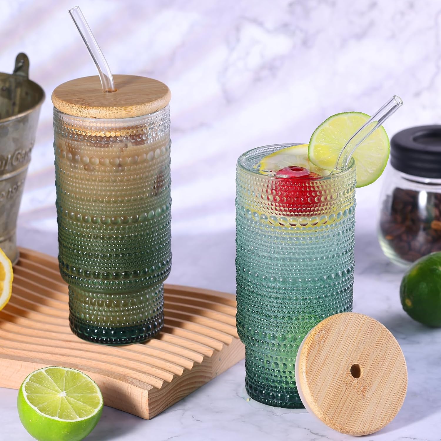 4pcs Glass Cups with Lids and Straws, 16 oz Iced Coffee Cups with Lids, Hobnail Drinking Tumbler Set for Matcha Latte Juice, Gradual Dark Green - Image 5