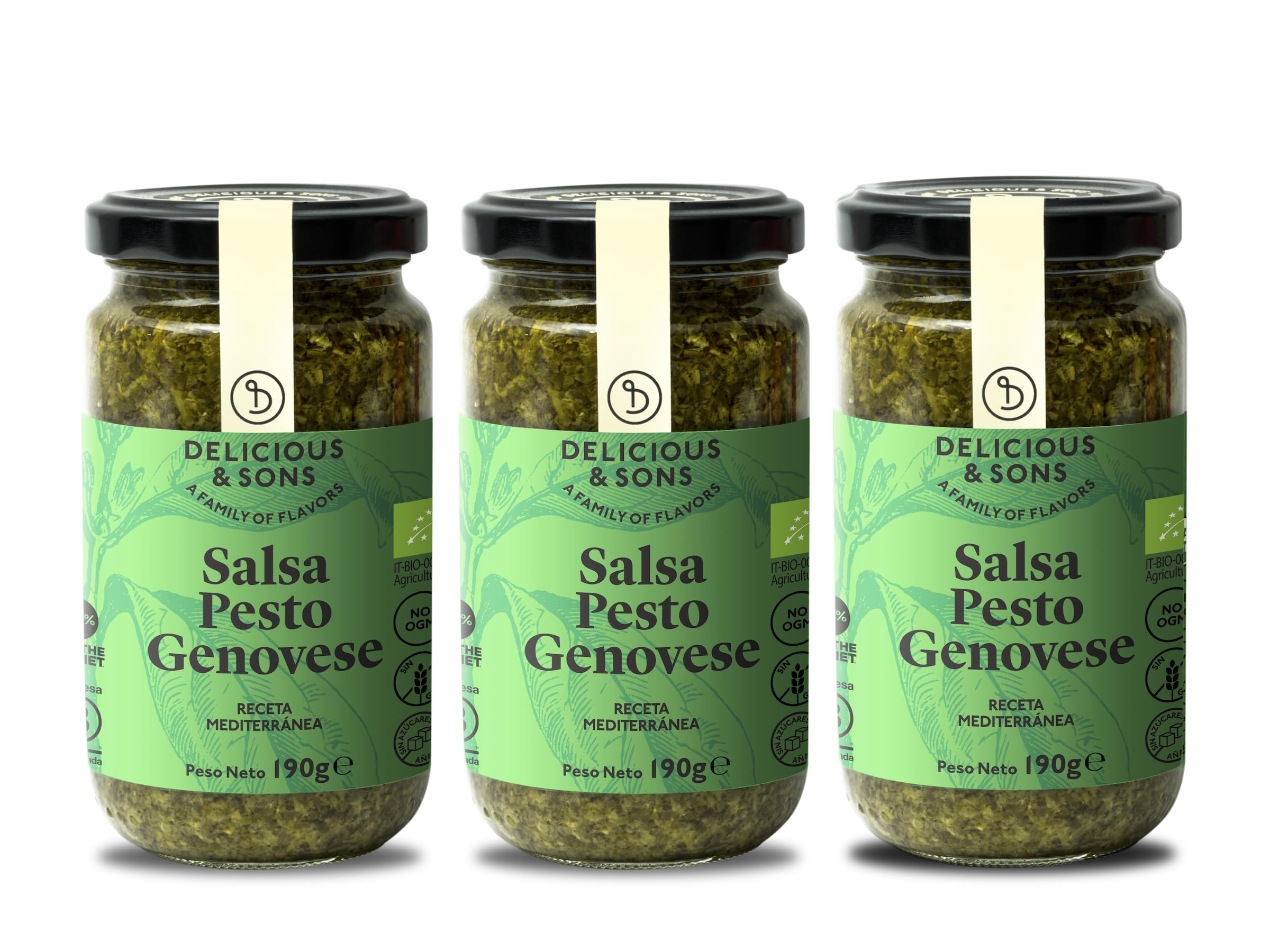 Delicious & Sons Salsa Pesto Genovese Italiana Ecológica 190g Pack 3 Sin Gluten