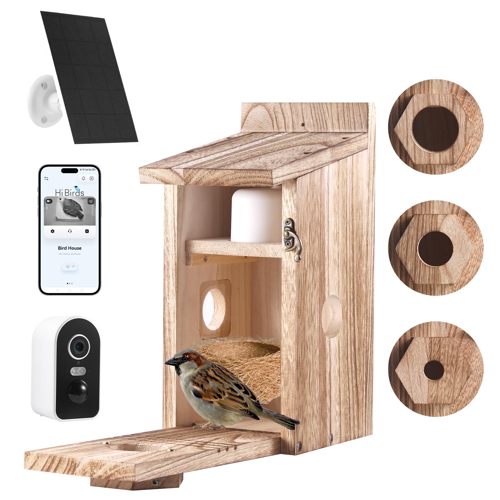 Bird Box with 5MP Camera, Bird House for Garden, Weatherproof, 2.4G WiFi & App Notification, Video/Photo Recording & Motion Detection, Watch Nesting and Hatching, Night Vision, Solar Powered, B
