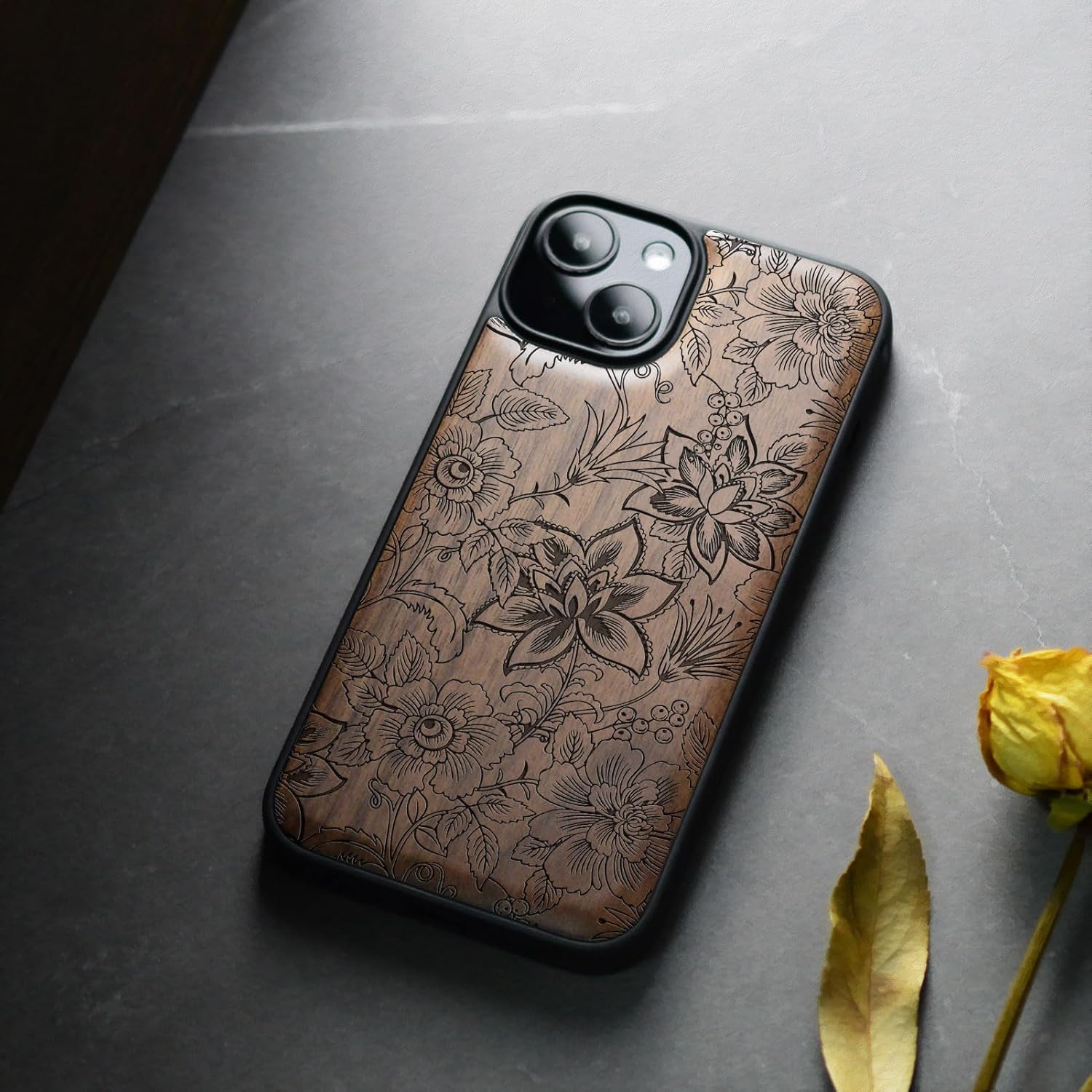 Carveit Magnetic Wooden Case for iPhone 15 Case, Compatible with MagSafe Wireless Chargers, Black Soft TPU Shockproof Cover & Wood Artisan Engraved (Flowers and Leaves) - Walnut