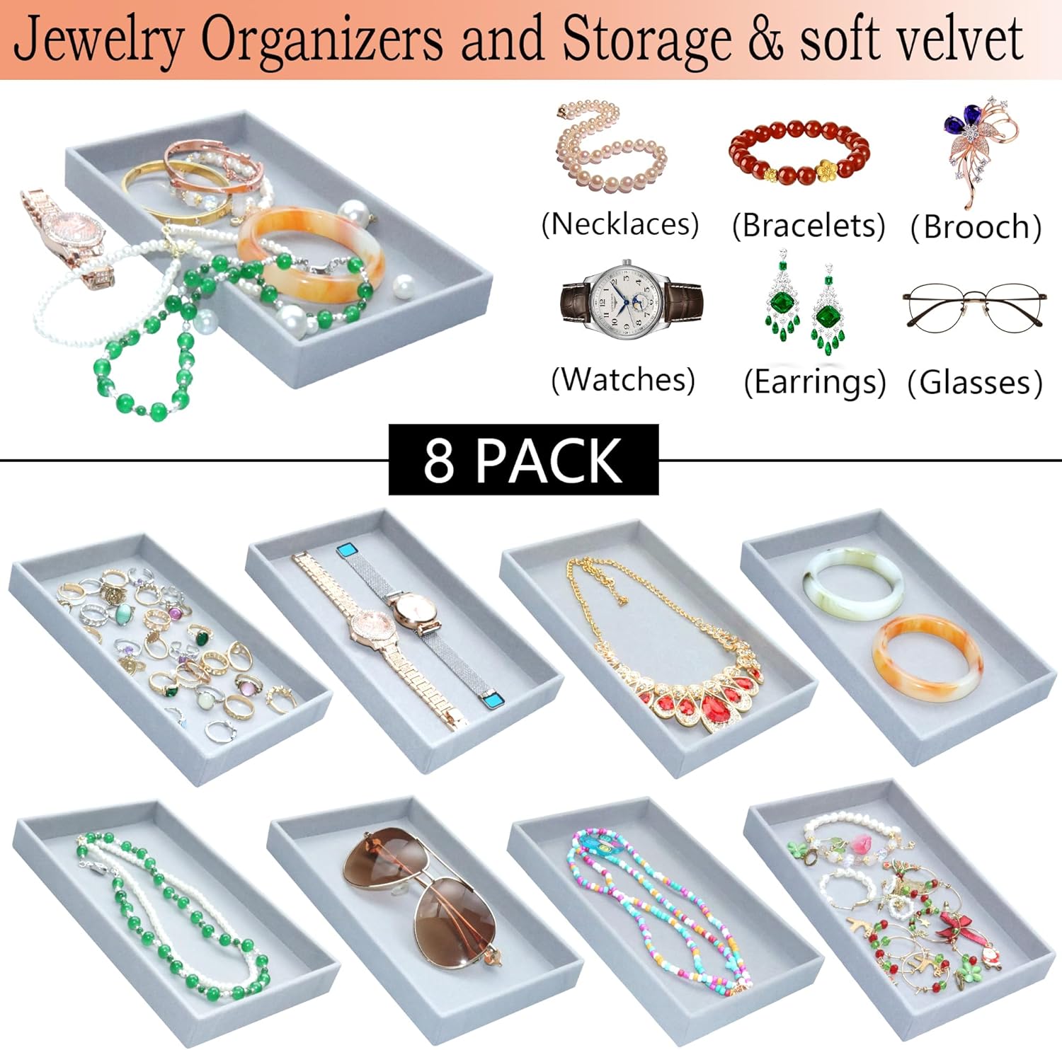 8 Pack Stackable Velvet Jewelry Trays Organizer for Drawers Large Jewelry Storage Display Tray for Earring Ring Necklace