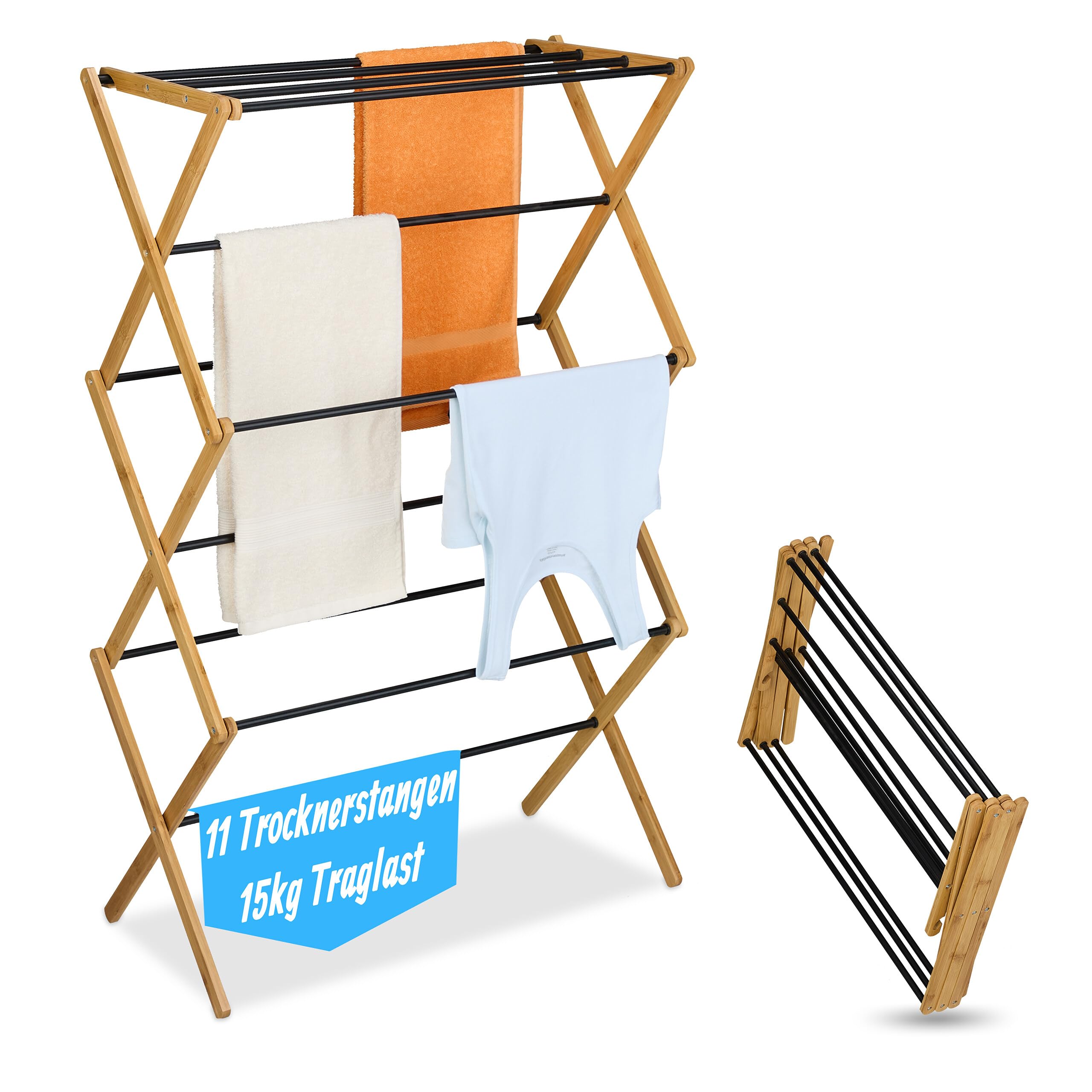Relaxdays Natural/Black Folding Clothes Dryer, 11 Rails, Hxwxd: 115 X 73 X 33 Cm, Bamboo, Metal, Tower Dryer,