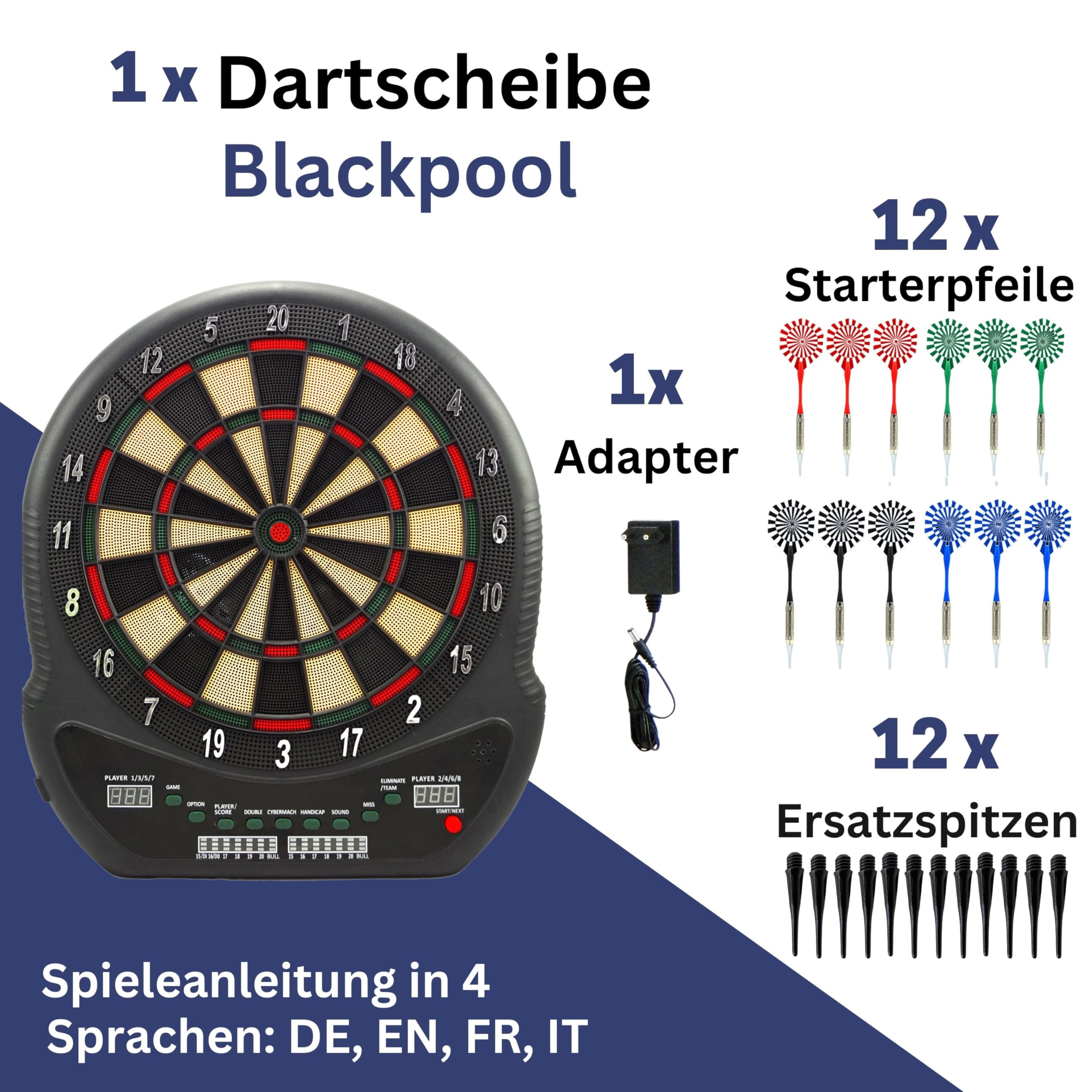 Best Sporting Blackpool elektroniczna tarcza do darta, elektroniczna tarcza do darta ze wskaźnikami LED, 12 rzutek do darta i zapasowymi końcówkami, wysokiej jakości automat do darta dla 8 graczy