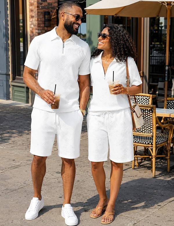 UOUA Mens Track Suits 2 Piece Sets Short Sleeve Sweatsuit Outfits Casual Quarter Zip Golf Polo Shirts & Summer Jogger Shorts Loungewear Sets White L by UOUA - Image 9