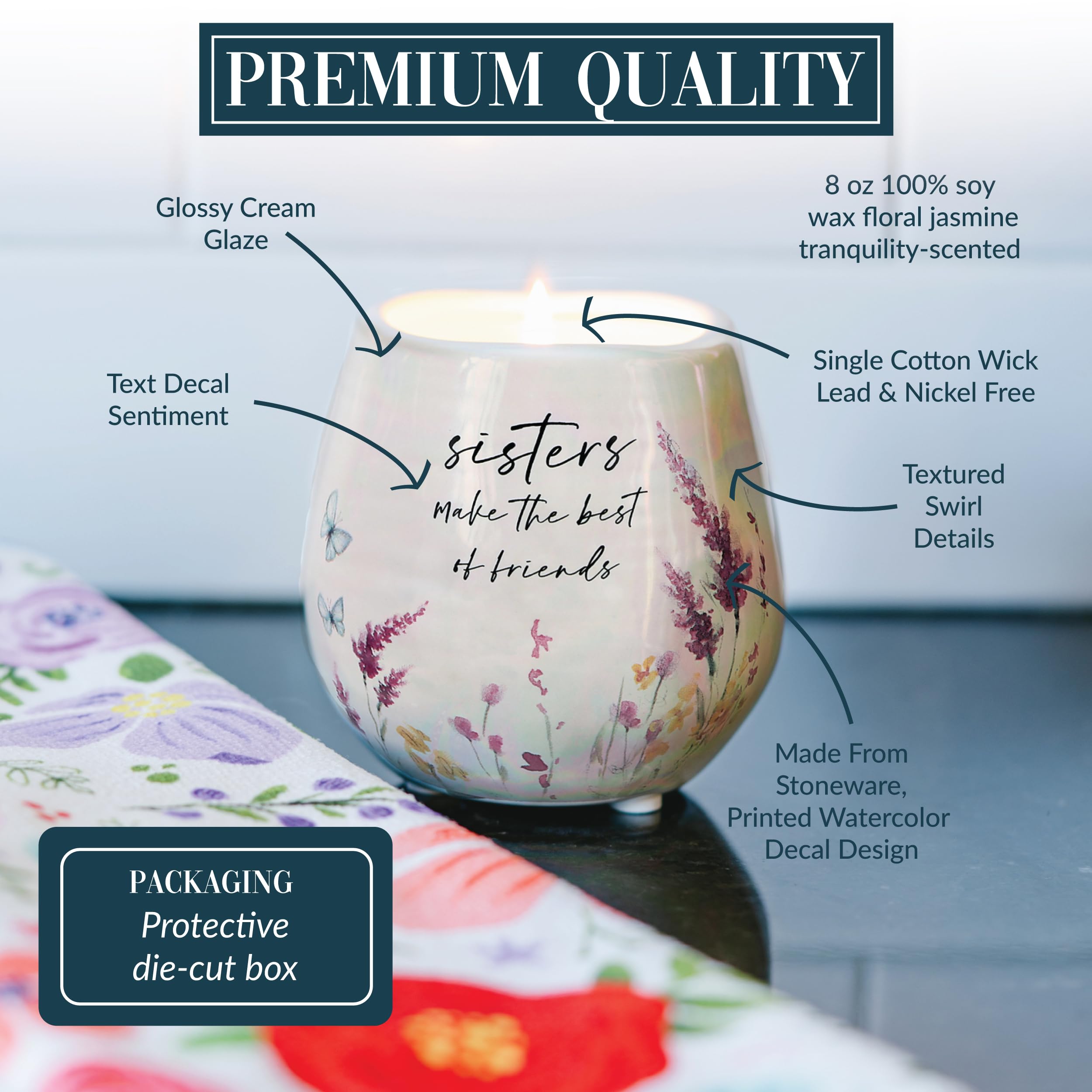 Pavilion – Sister – 237 ml Keramikkerze, Jasmin-Duftkerze, Geschenk für Schwestern, inspirierende Geschenke für Frauen, beste Freundin, Bestie BFF Entspannungskerze, 1 Stück, Creme