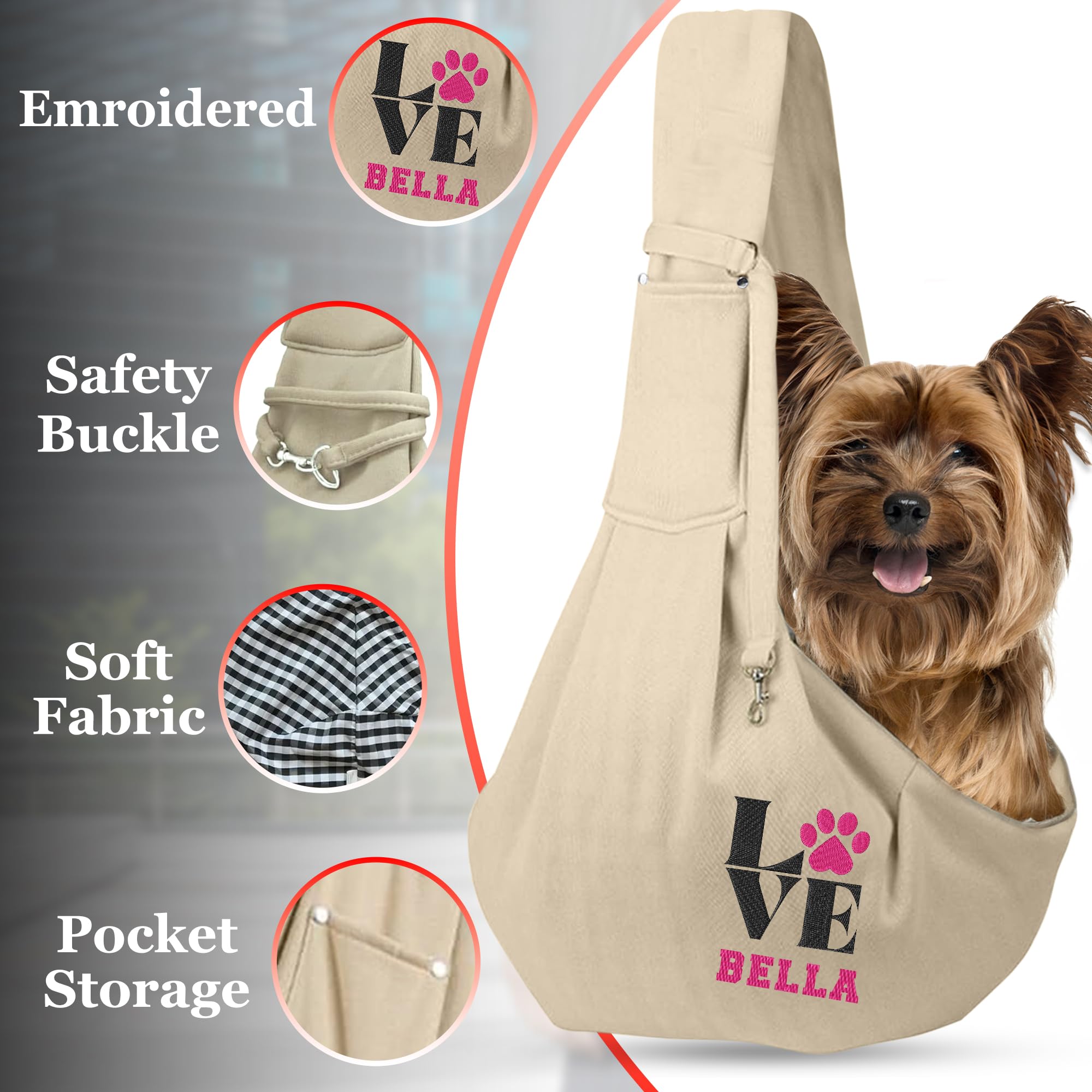 Personalized Dog Sling Carrier for Small Dogs - Embroidered Pet Sling Carrier – Customized Hands Free Doogie Sling Chest Wrap - Custom Soft Pouch and Tote Bag for Dogs and Cats - Beige, Gray, Black