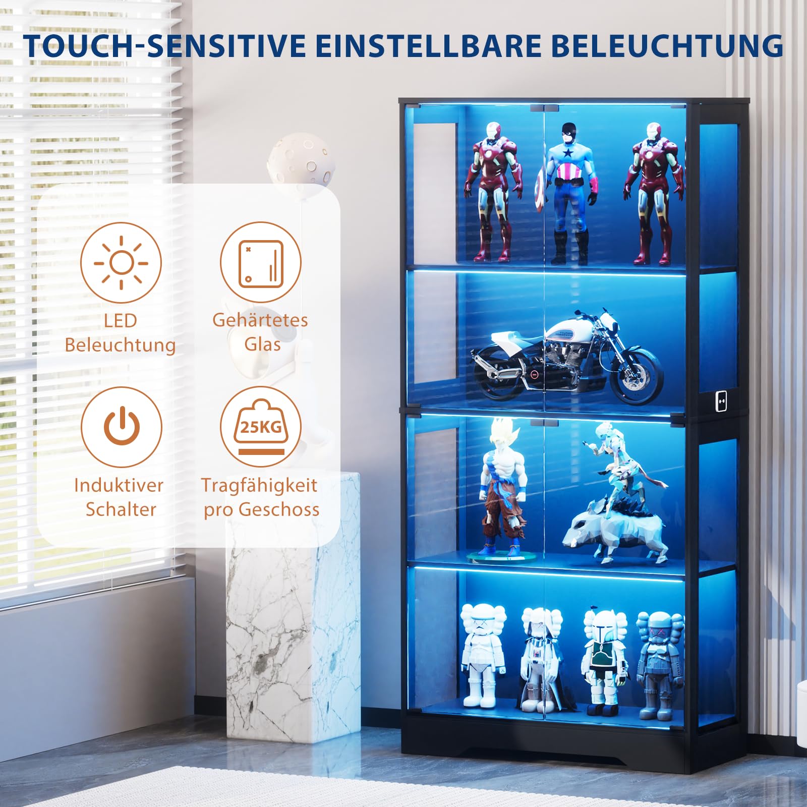 Vitrina de cristal de cuatro niveles con iluminación LED y espacio de almacenamiento – vitrina de cristal independiente con puertas de cristal, sensores inteligentes y armario de pantalla a prueba de