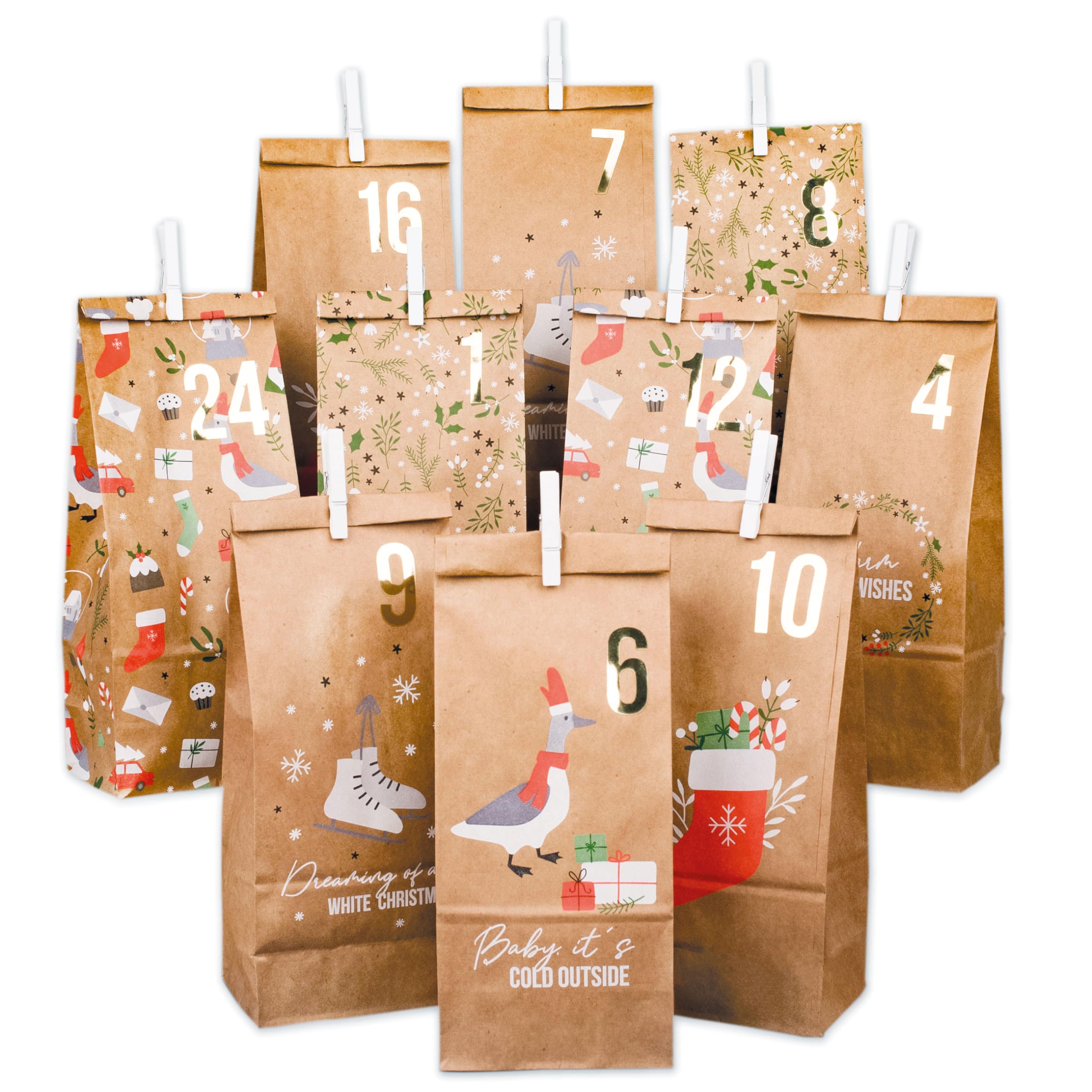 Papierdrachen Adventskalender 2025 zum Befüllen - 24 braune Papiertüten mit Zahlenaufklebern & Klammern - Weihnachtsmotiv - DIY Bastelset für Weihnachten