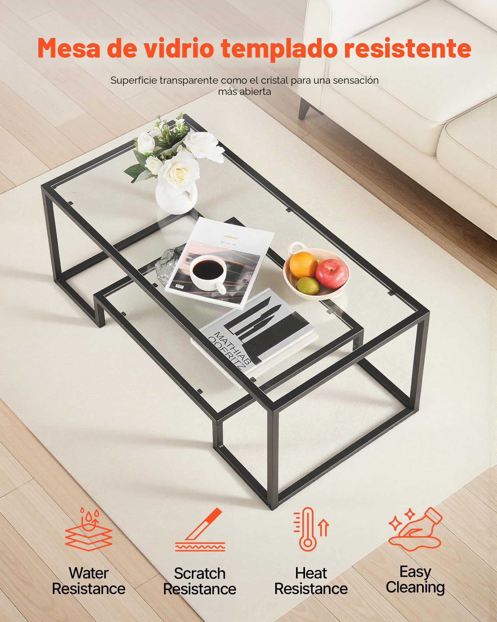 VEVOR Mesa Auxiliar de Cristal Templado, Rectangular, con Dos Niveles y Espacio de Almacenamiento Abierto, Diseño Moderno con Estructura Metálica, para Salón u Oficina, 100 x 51 x 46 cm, Negro