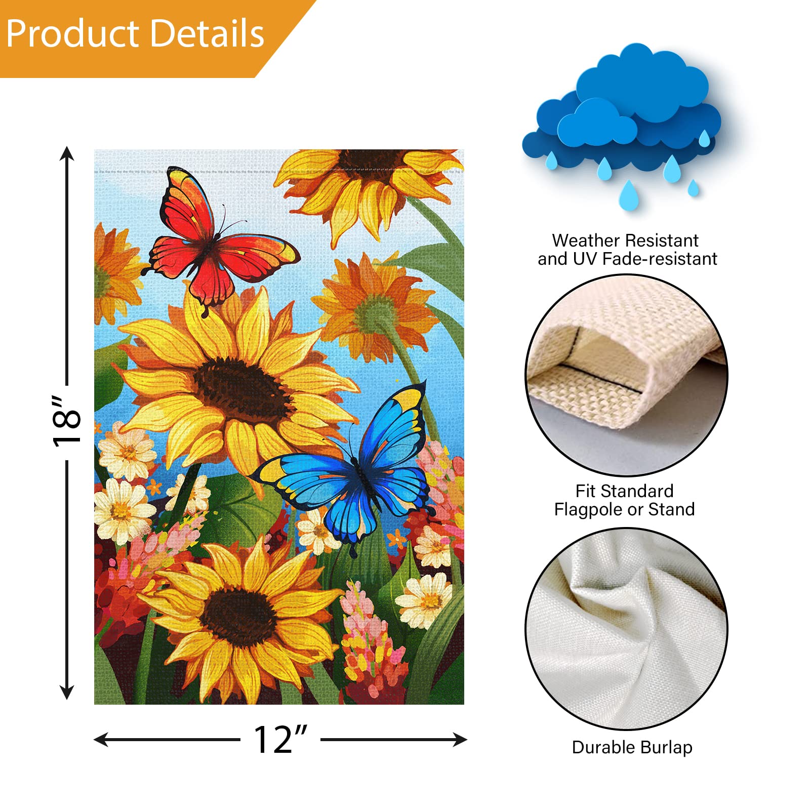 Willkommen Sommer Frühling Blumen Gartenflagge 30.5x45.7 cm, doppelseitig, Jute, kleine vertikale Sonnenblume, Gartenflaggen für saisonale Außen- und Außenbereich, Hausdekoration (nur Flagge)