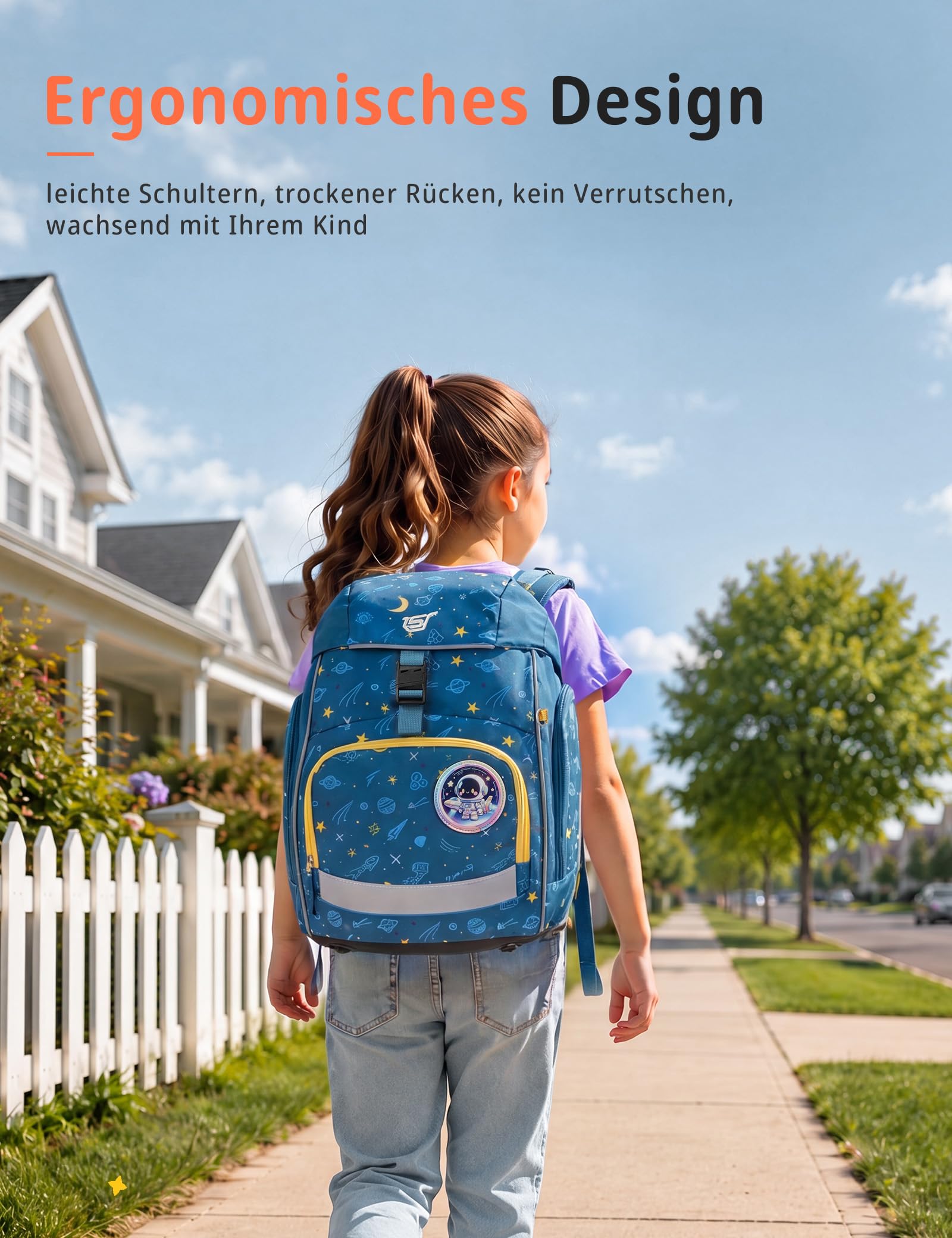 SKYSPER Schulranzen-Set 5-teilig, Schulrucksack Ergonomischer Tragesystem | Schulranzen mit Regenhülle, 360 Grad Reflexstreifen, für Mädchen Jungen Kinder 1. klasse Outdoor Aktivitäten