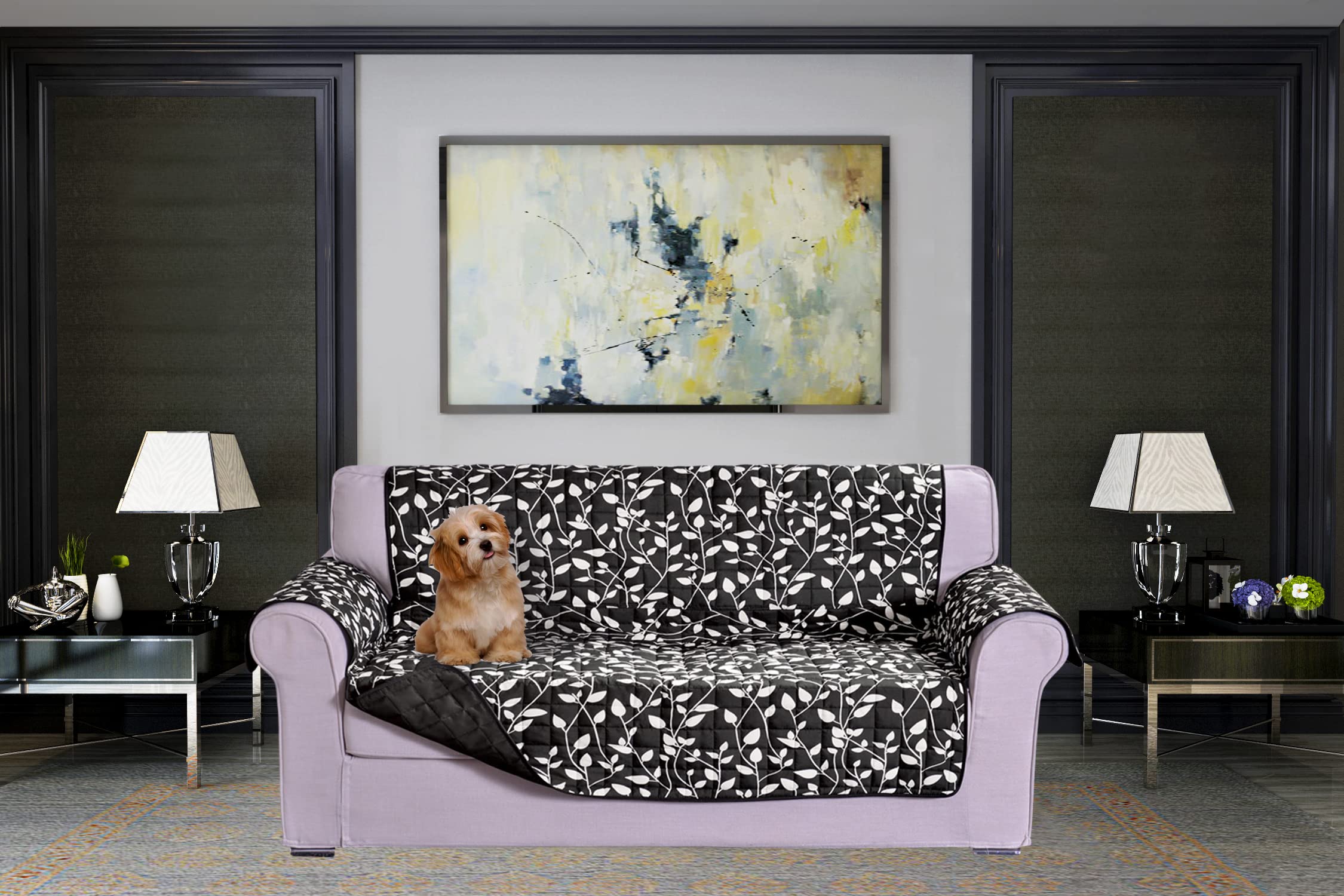 Elegant Comfort Quilted Furniture Protectors Solid and Printed Design Reversible Slipcovers Featuring Elastic Straps and Smart Pockets Great for Pets, Kids and More, Smart Leaf Sofa, Black