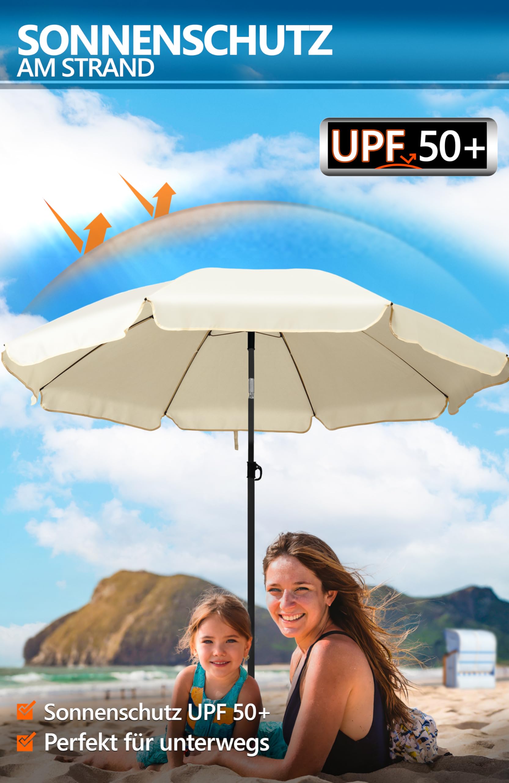 4smile Sonnenschirm Strand SunnyJoy, 3-in-1 SET, Beige - UPF 50+ Strandschirm Ø 180 cm + Sonnenschirm-Bodenhülse + Sonnenschirmhülle - Komplettes Sonnenschutz Strand Set