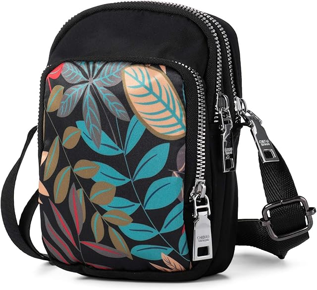 LaRechor Small Crossbody Phone Bags for Women Leaves Pattern Mobile Phone Pouch Mini Shoulder Bag with Long Strap and 3 Zippers