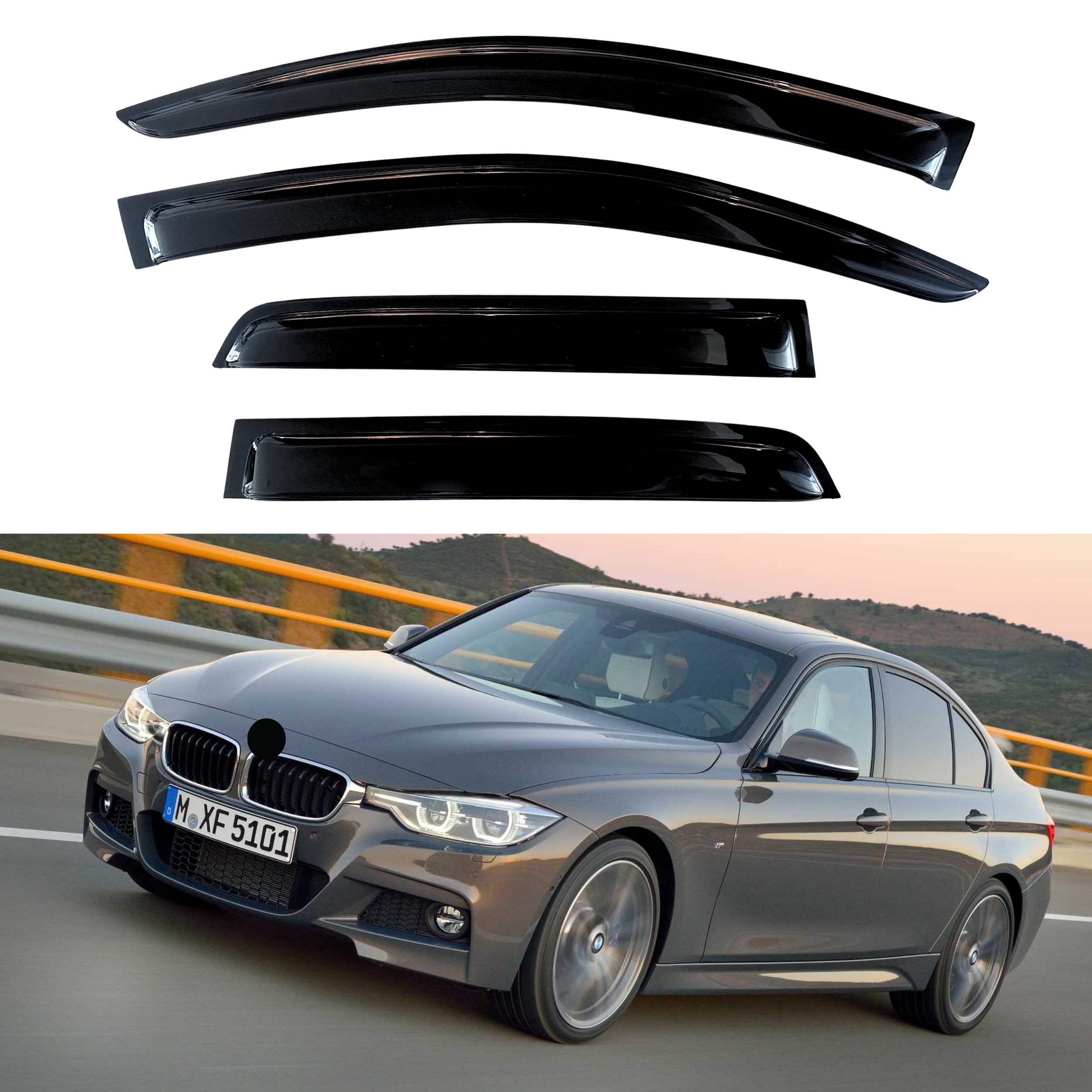 KPY Rain Guard Compatible with BMW 3 Series 2012-2018 320i 328i 335i 340i Sedan, 4PC Window Visor Side Window Vent Deflectors Tape-On Style, 2012 2013 2014 2015 2016 2017 2018 (323 325 328 330 335 M3)