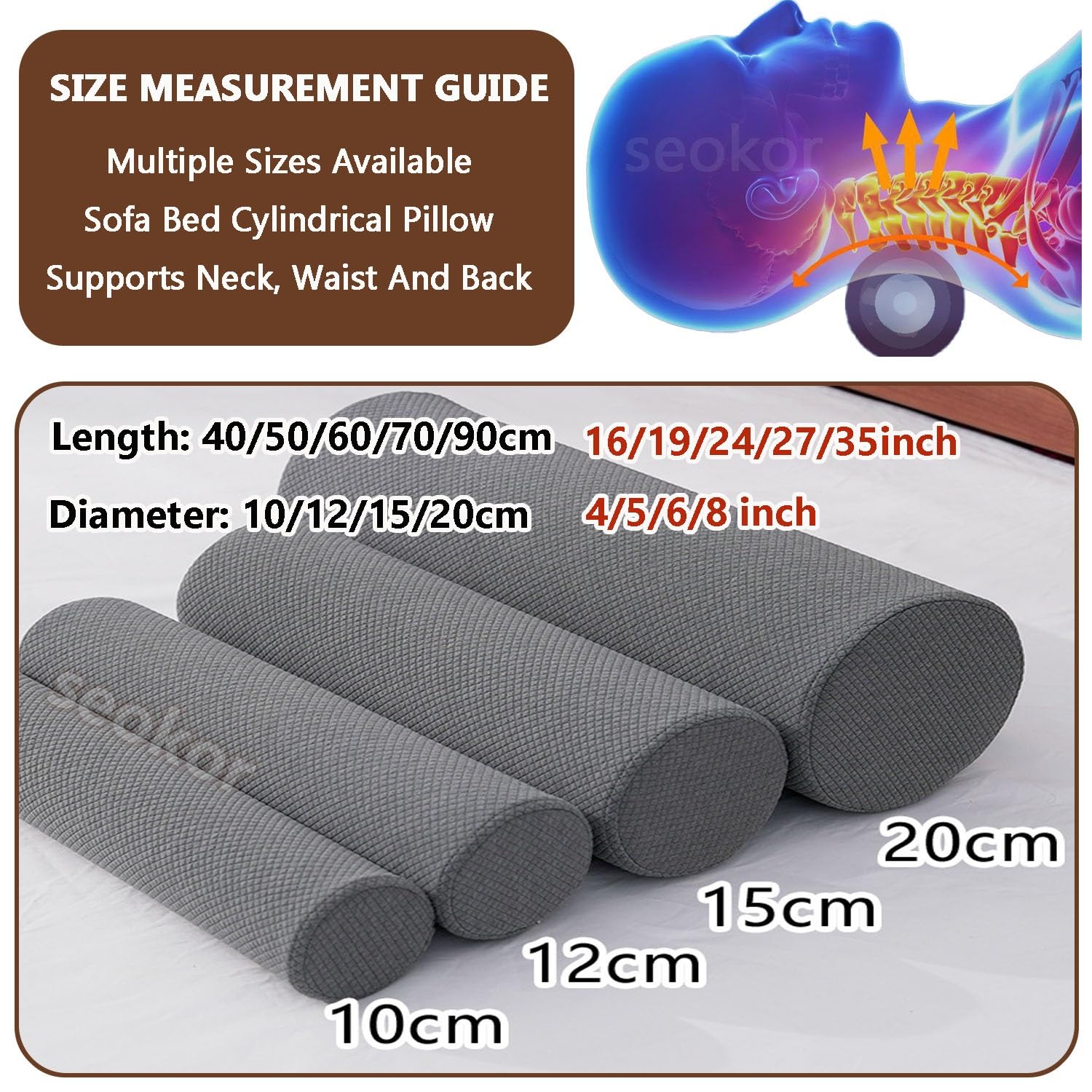 Nackenrolle & Rollenkissen 40/60/70/50/90cm - Weich Zylindrisches Multifunktionskissen für Nacken, Rücken, Knie - Abnehmbarer Bezug, für Bett, Sofa, Reise(Grau,15x60cm/6x24in)