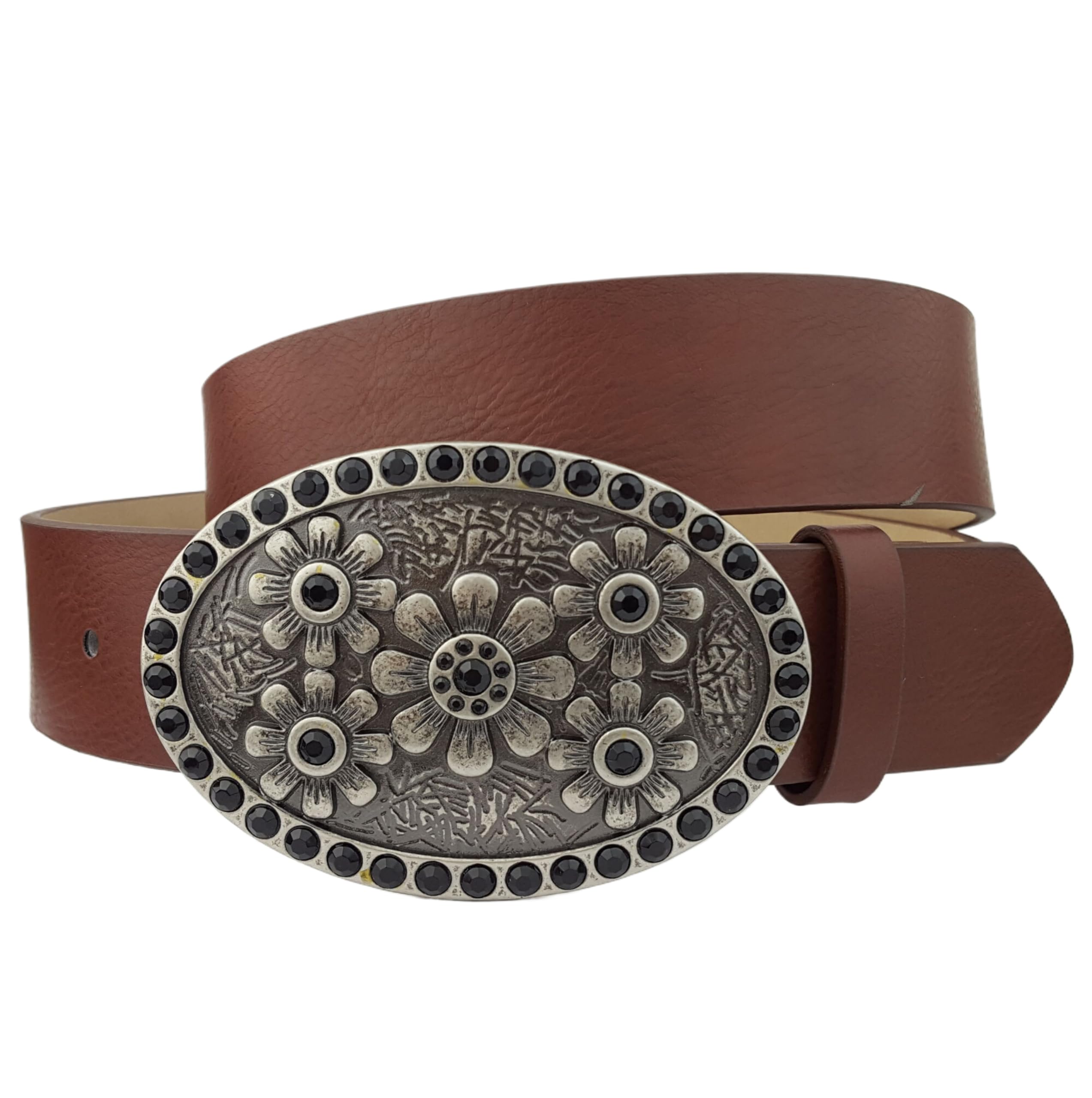 AXESORIA: Oval Crystal Floral Buckle Belt Brown S