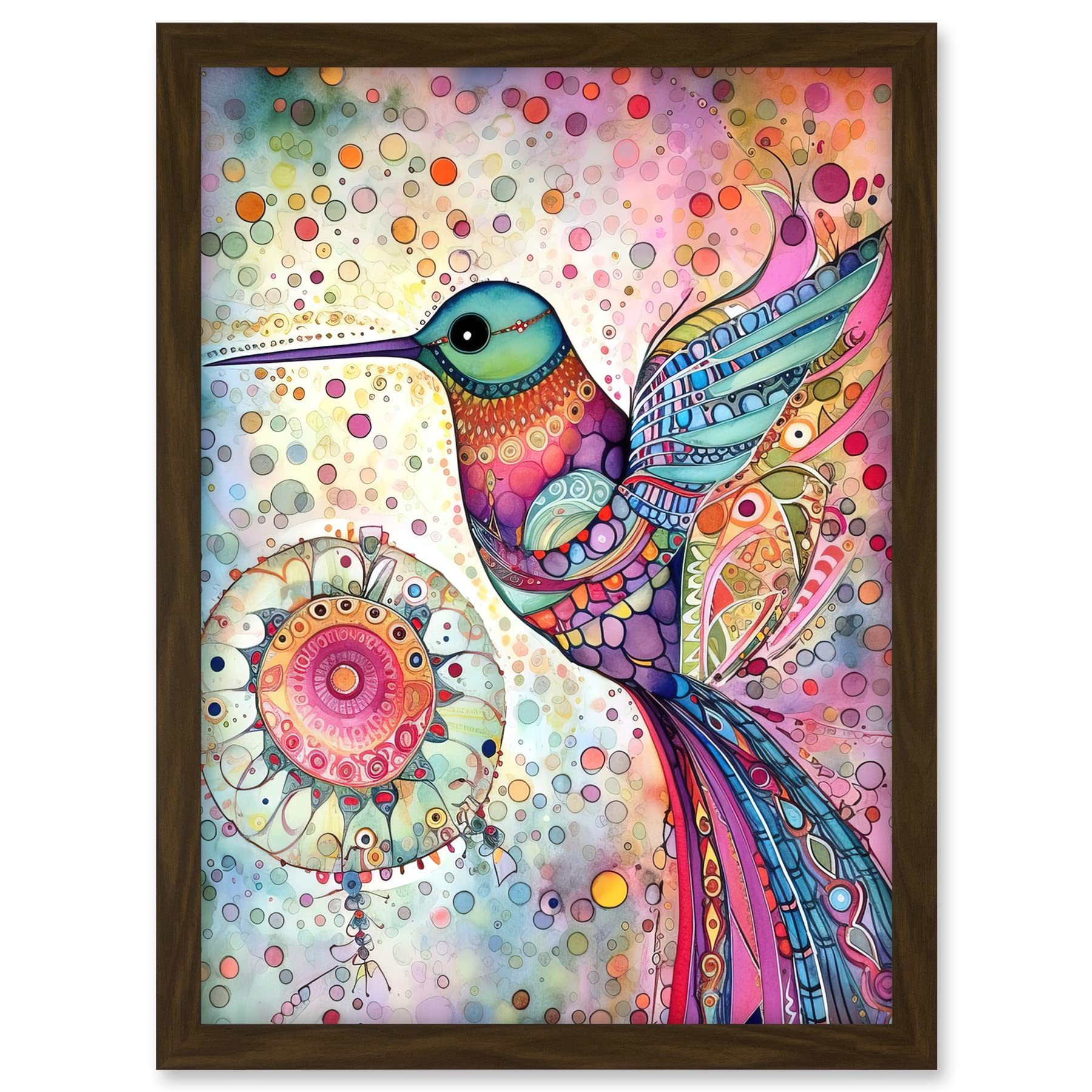 Artery8 Hummingbird With Mandala Patterns Colourful Folk Art Watercolour Painting Artwork Framed A3 Wall Art Print