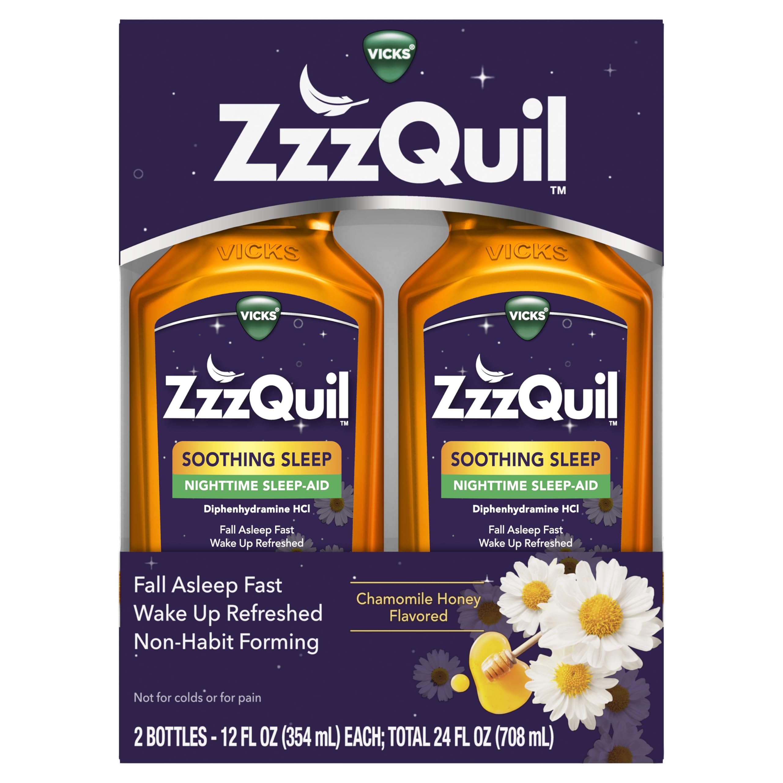 ZzzQuil Liquid Sleep Aid, Soothing Sleep, Diphenhydramine 50mg HCl, Chamomile Honey Flavored, Nighttime Sleep Aid Liquid, Sleep Aids for Adults, 2 Pack, 24 FL OZ — Amazon image 12