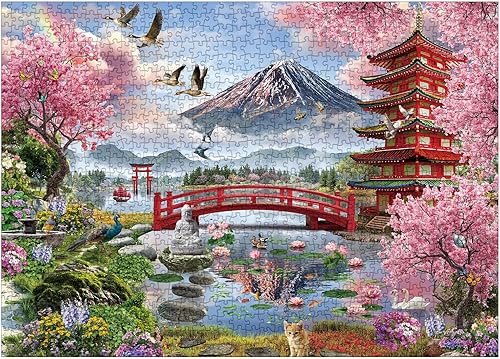Miniatura 2 de Rompecabezas de arte japonés de jardín para adultos, 1000 piezas, naturaleza, colorido, gato, pájaro, planta, arcoíris, rompecabezas de paisaje