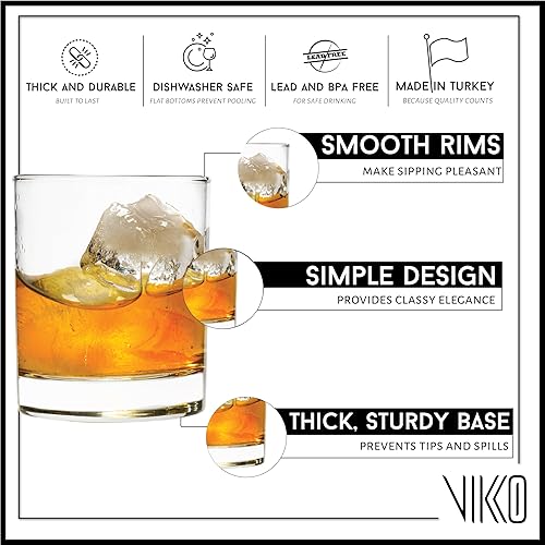 Vikko Vasos de whisky, vasos de whisky de 10.25 onzas, juego de 6 vasos antiguos, vidrio de barra transparente, base resistente
