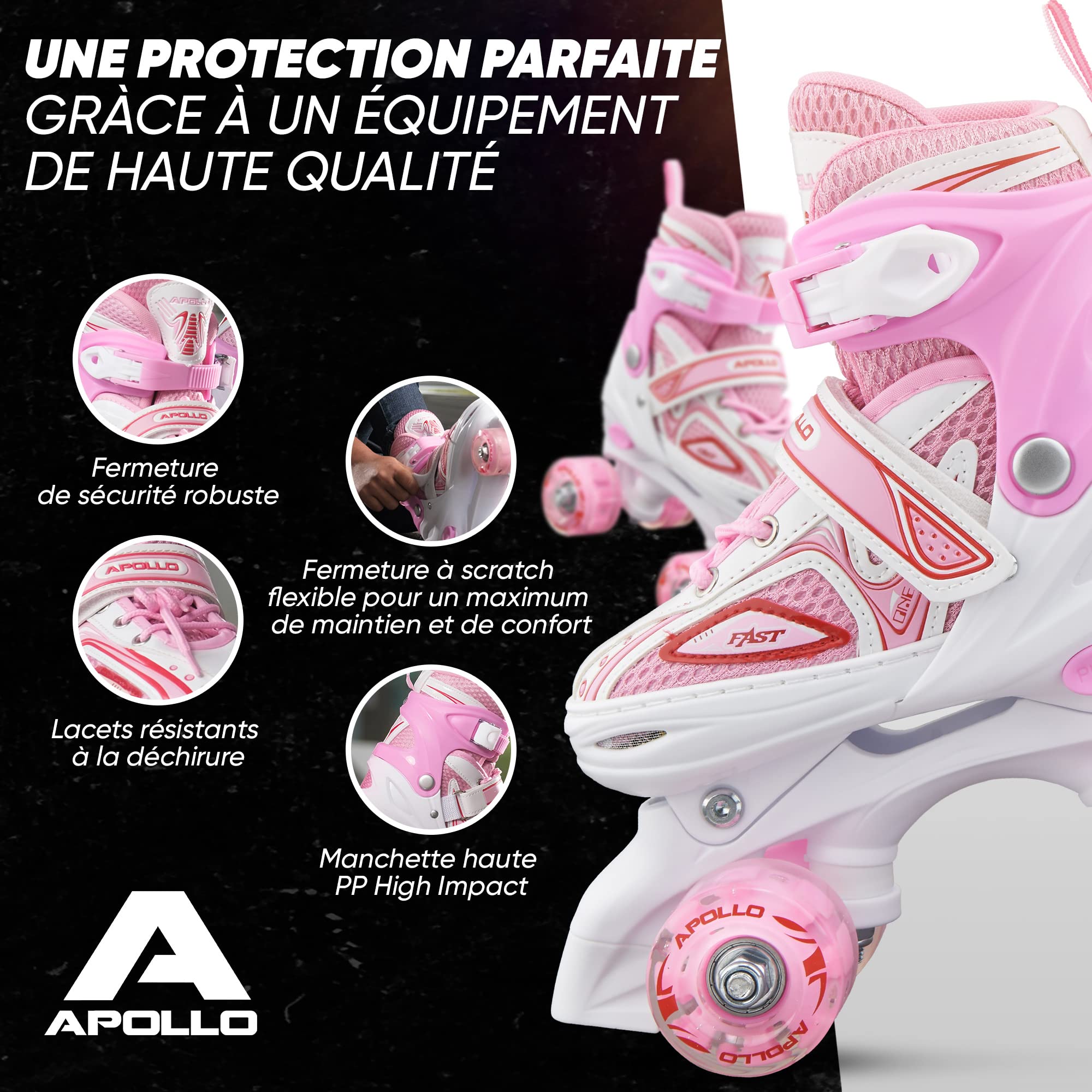 Apollo Super Quad X Pro, Patins à roulettes LED pour Enfants et Adolescents, idéal pour Les débutants, Patins à roulettes Confortables pour Les Filles et Les garçons.