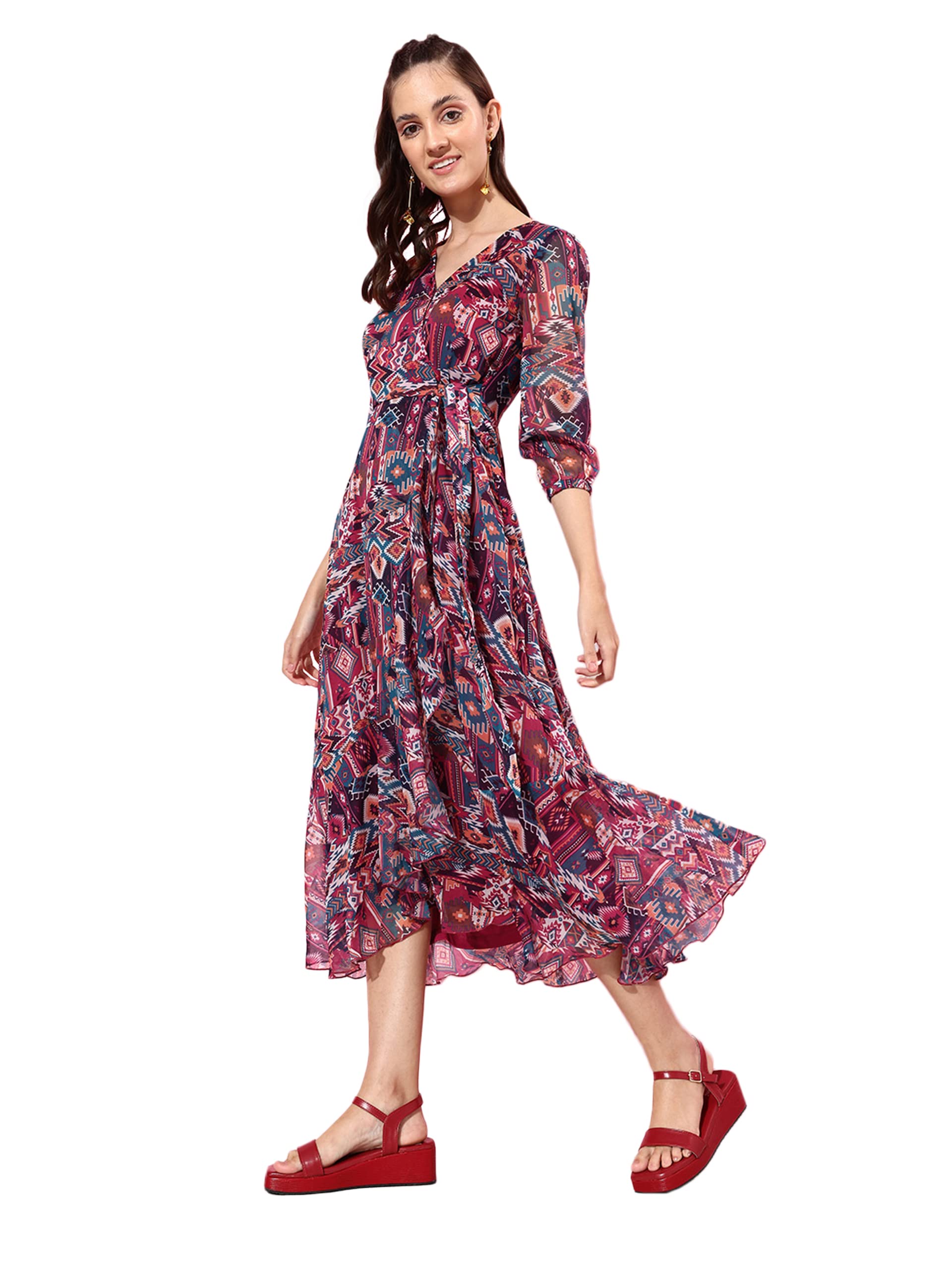 Miss Chase Women's Multicolored V-Neck Three-Quarter Sleeves Geometric Patterned Wrap Midi Chiffon Dress (Mcaw21D14-94-224-02, Multicolored, Xs)