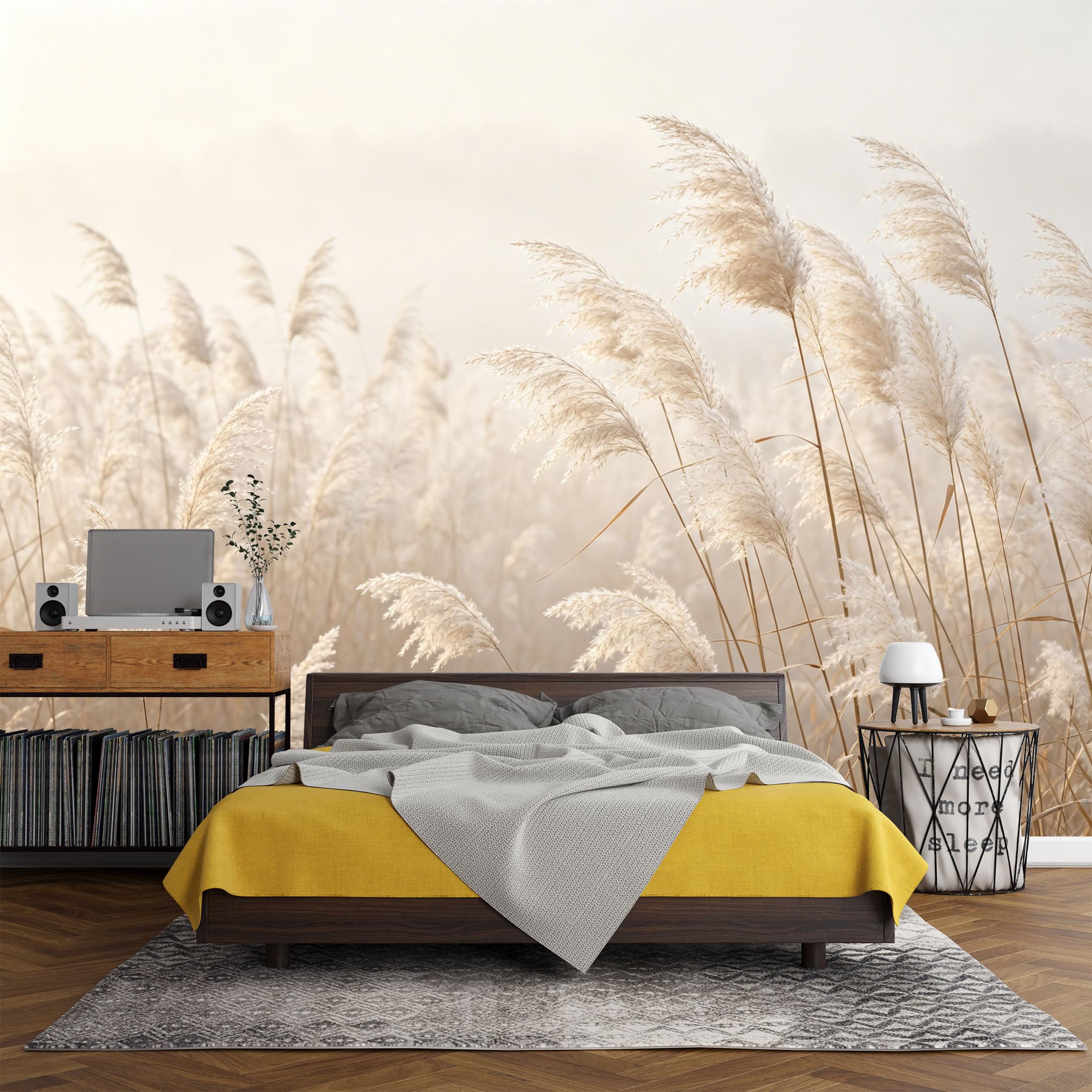 Custom Size Wall Mural， Minimalist Pampas Grasses Field Misty Morning Landscape，SelfAdhesive Art Prints wall Fabric(No PVC) Removable Wallpaper Living Room Decor