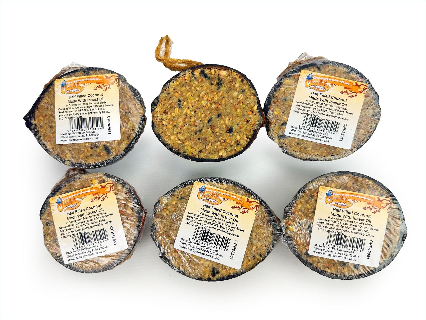 6 x Chubby Sustainable Wild Bird Food Half Filled Coconut - Seed & Black Soldier Fly Larvae Oil