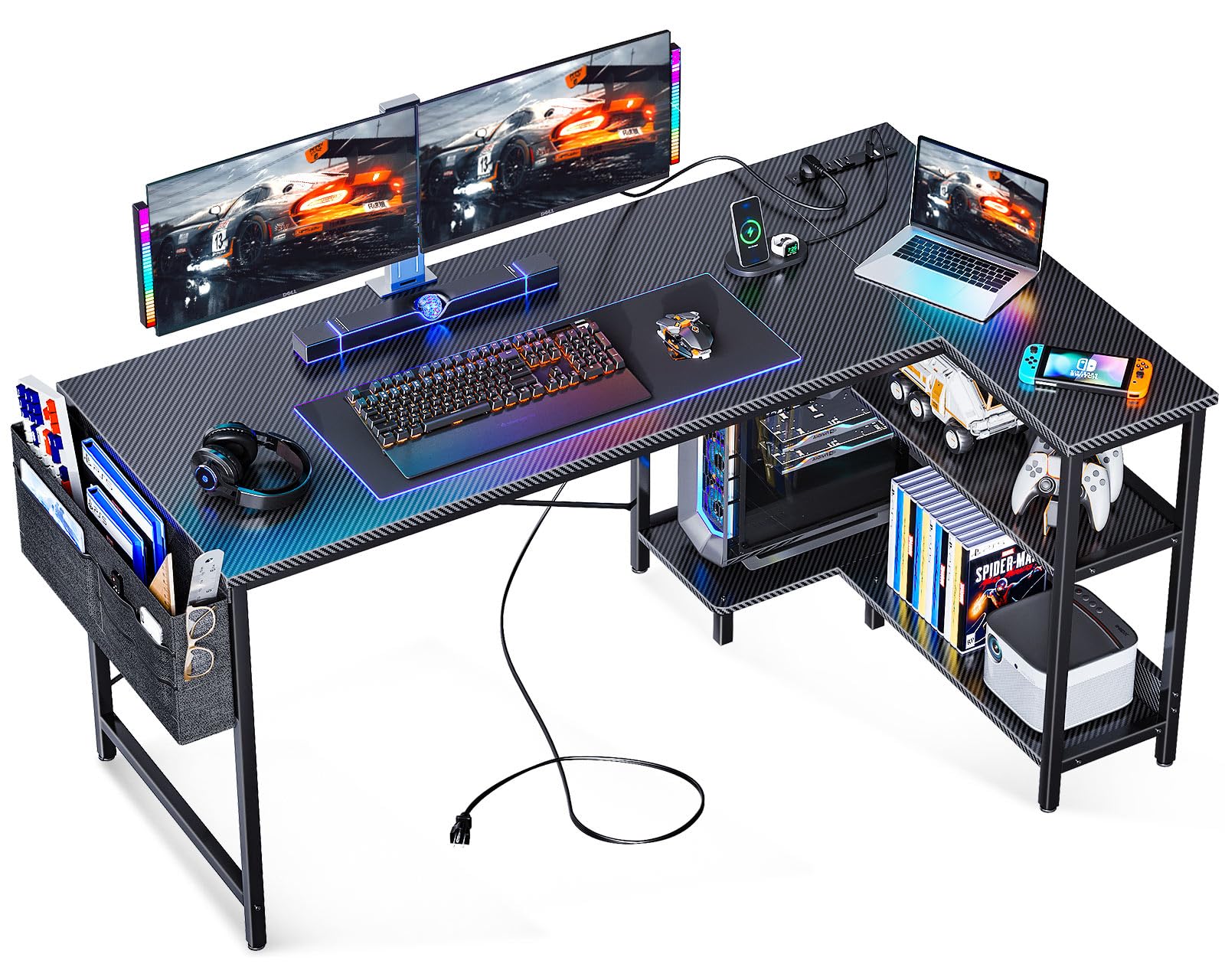 Photo 1 of ODK 55 Inch Small L Shaped Gaming Computer Desk with Power Outlets,Corner Desk with Reversible Storage Shelves & PC Stand for Small Space, Modern Simple Home Office Table, Carbon Fiber Surface, Black Carbon Fiber Surface, Black 55 inch