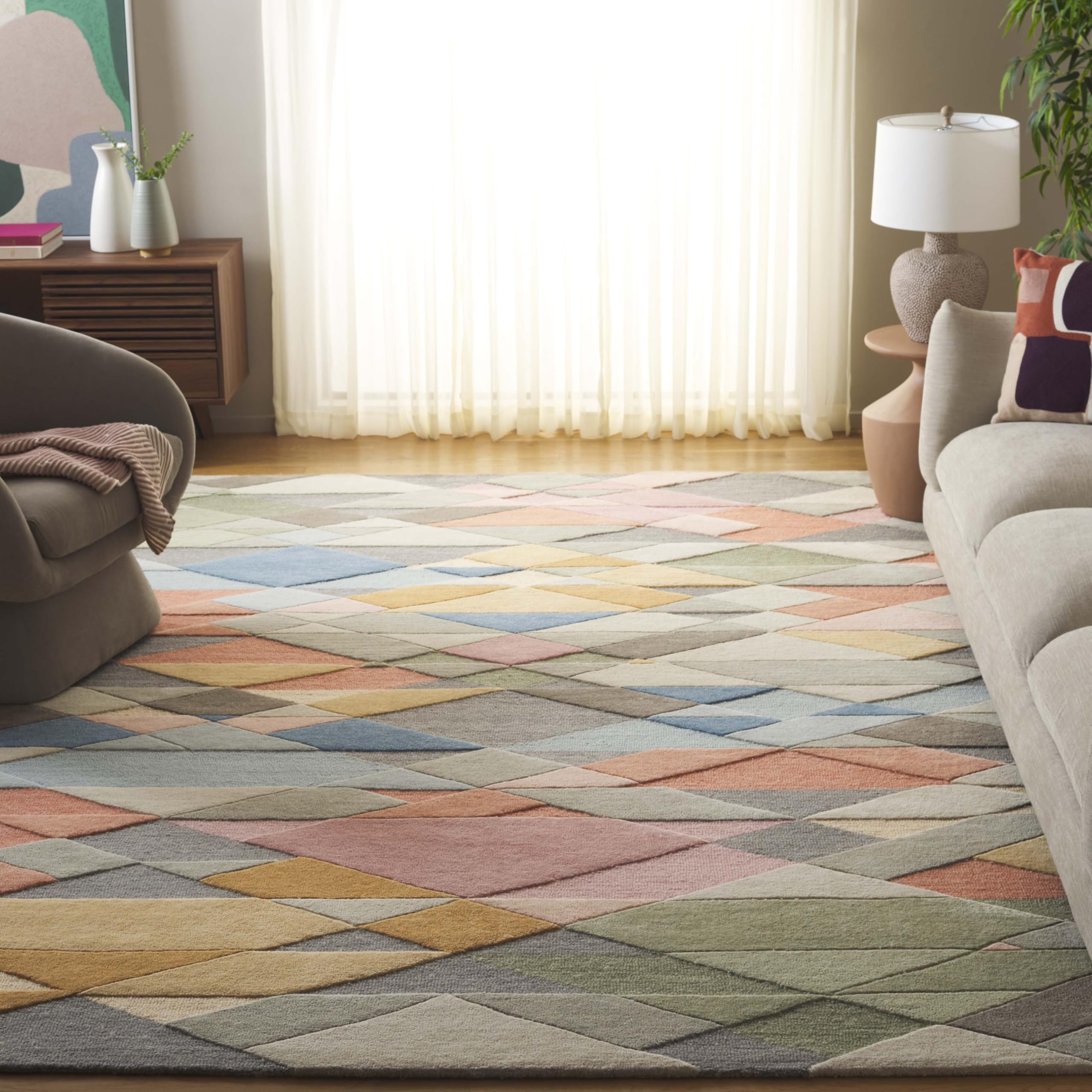 Safavieh Rodeo Drive Collection Area Rug - 7' Square, Grey & Blush, Handmade Wool, Mid-Century Modern Design, Ideal for The Living Room, Dining,