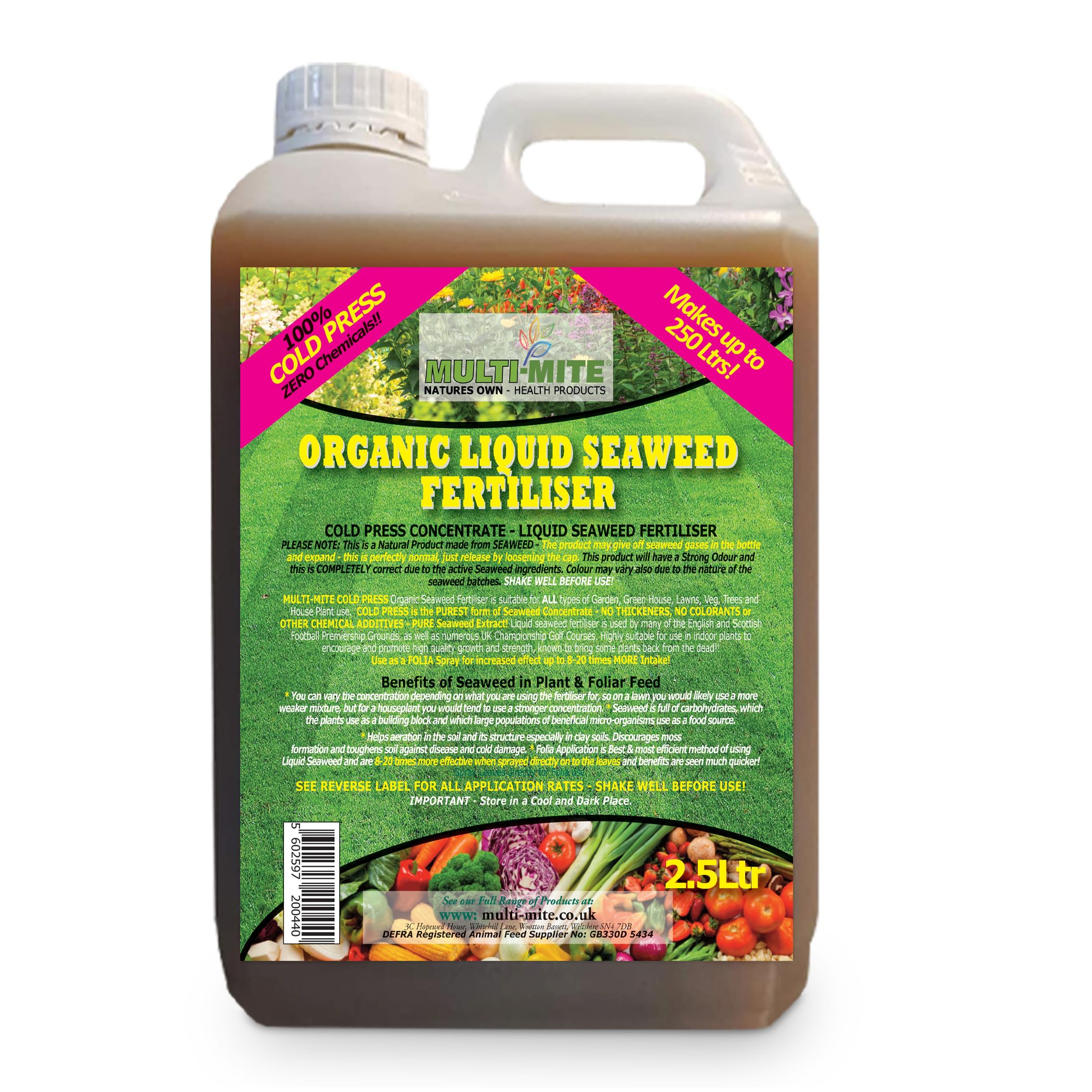 Multi-Mite 2.5L Liquid Seaweed Organic Cold Pressed Concentrate - 100% Natural - Plant Feed Fertiliser Trees Lawn Veg & House Plants Root or Foliar Feed (2.5 LITRES)