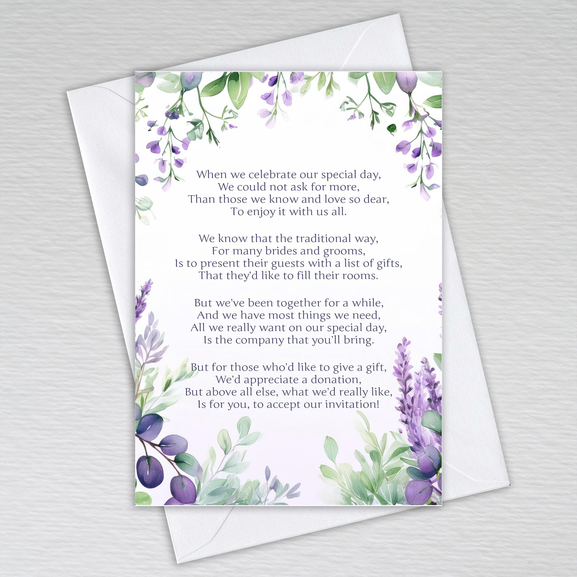 Lavender and Eucalyptus Wedding Money Gift Poem Cards - Wildflower Botanical Theme with Lavender and Eucalyptus: Wedding Money Request Poem (Pack of 50 with Envelopes)