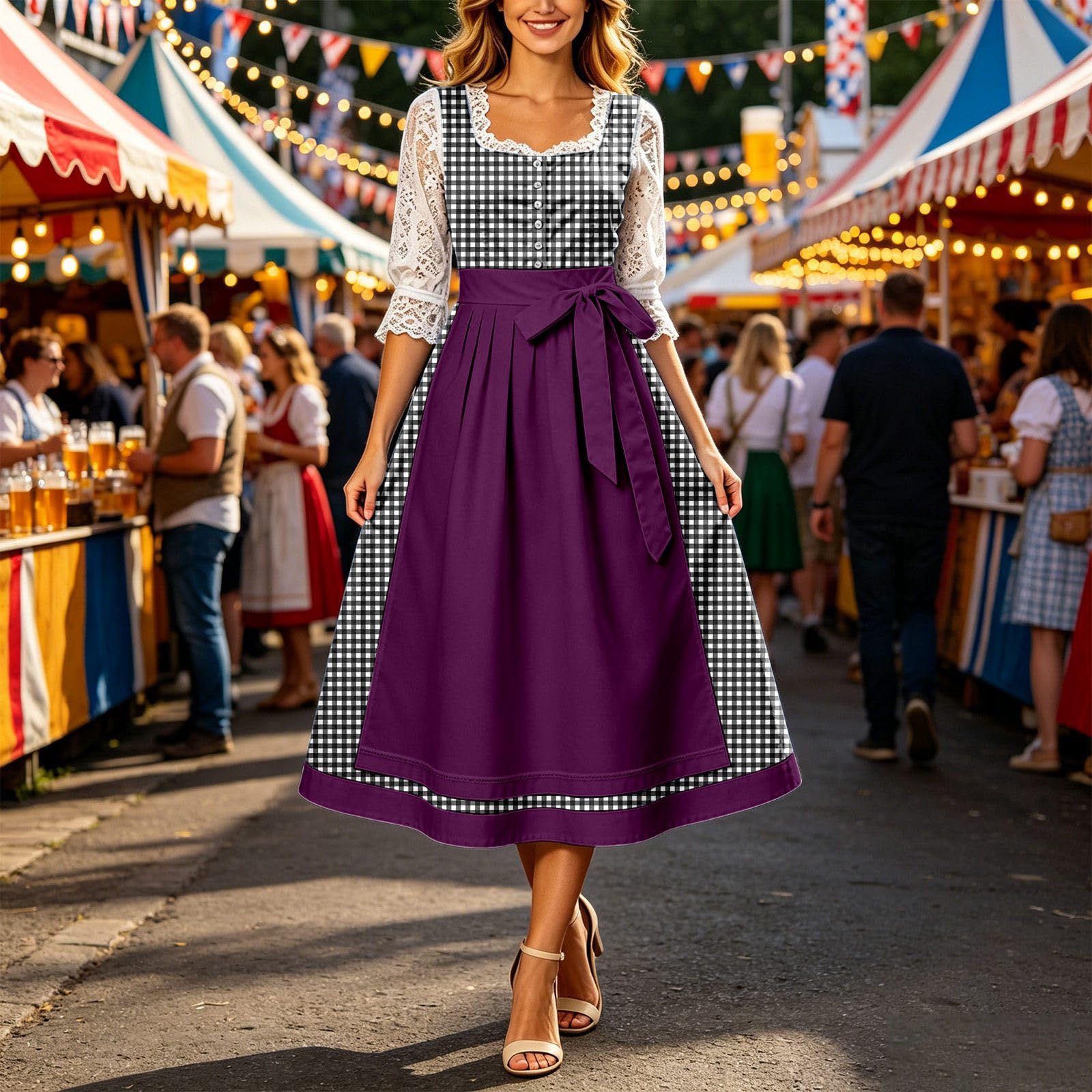 Dirndl Damen Midi Dirndlkleid Trachtenkleid Oktoberfest Dress Corset Style Long French Beer Dress with Waist Tie Bow Spitze Midi Dirndlkleid Kleid für Halloween Karneval