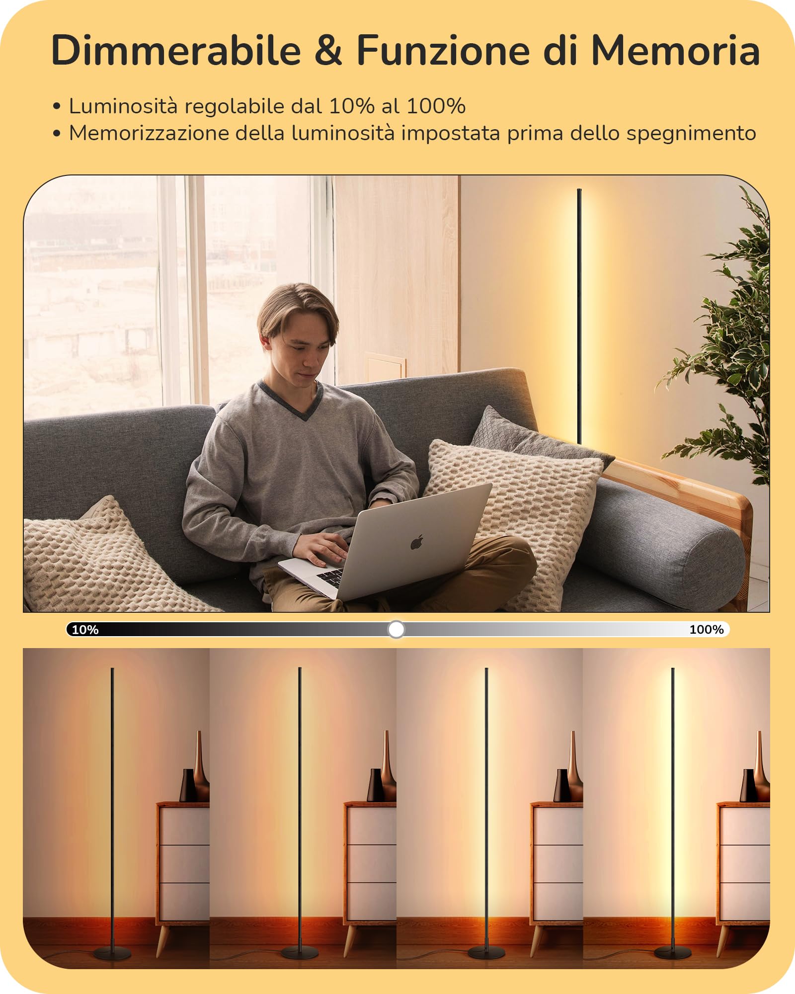 EDISHINE Set di 2 Lampada da Terra a LED Dimmerabile in Continuo, Luce Bianca Calda 3000K, Lampada da Terra Angolare con Interruttore a Pedale, Lampada d'Atmosfera Moderna per Camera, Soggiorno