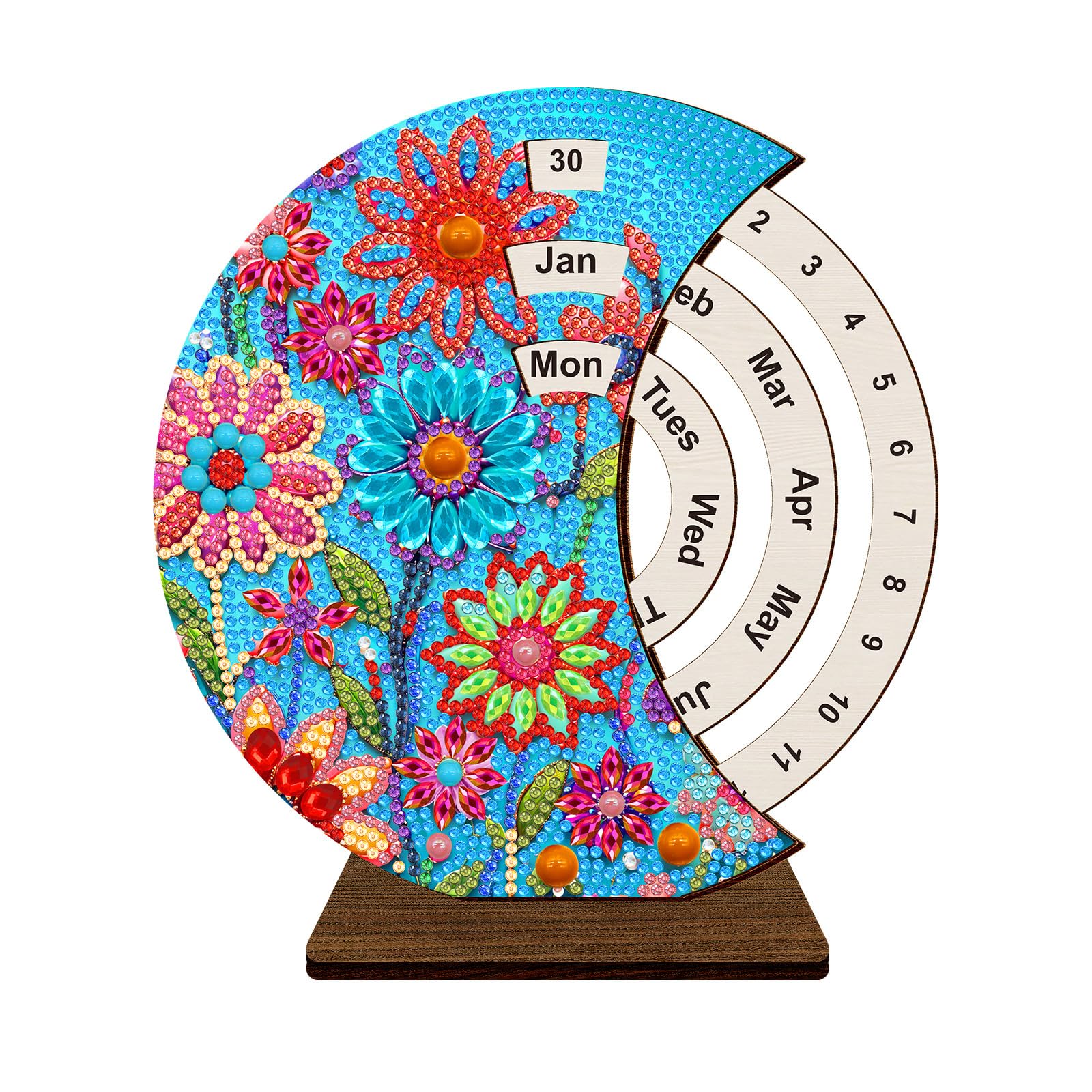 Lebartm DIY Diamond Perpetual Calendar Diamond Art Painting Wooden Manual Rotating Calendar Ornament Desk Round Perpetual Calendar Single Sided Diamond Tabletop Ornaments for Home Decor-Flower01
