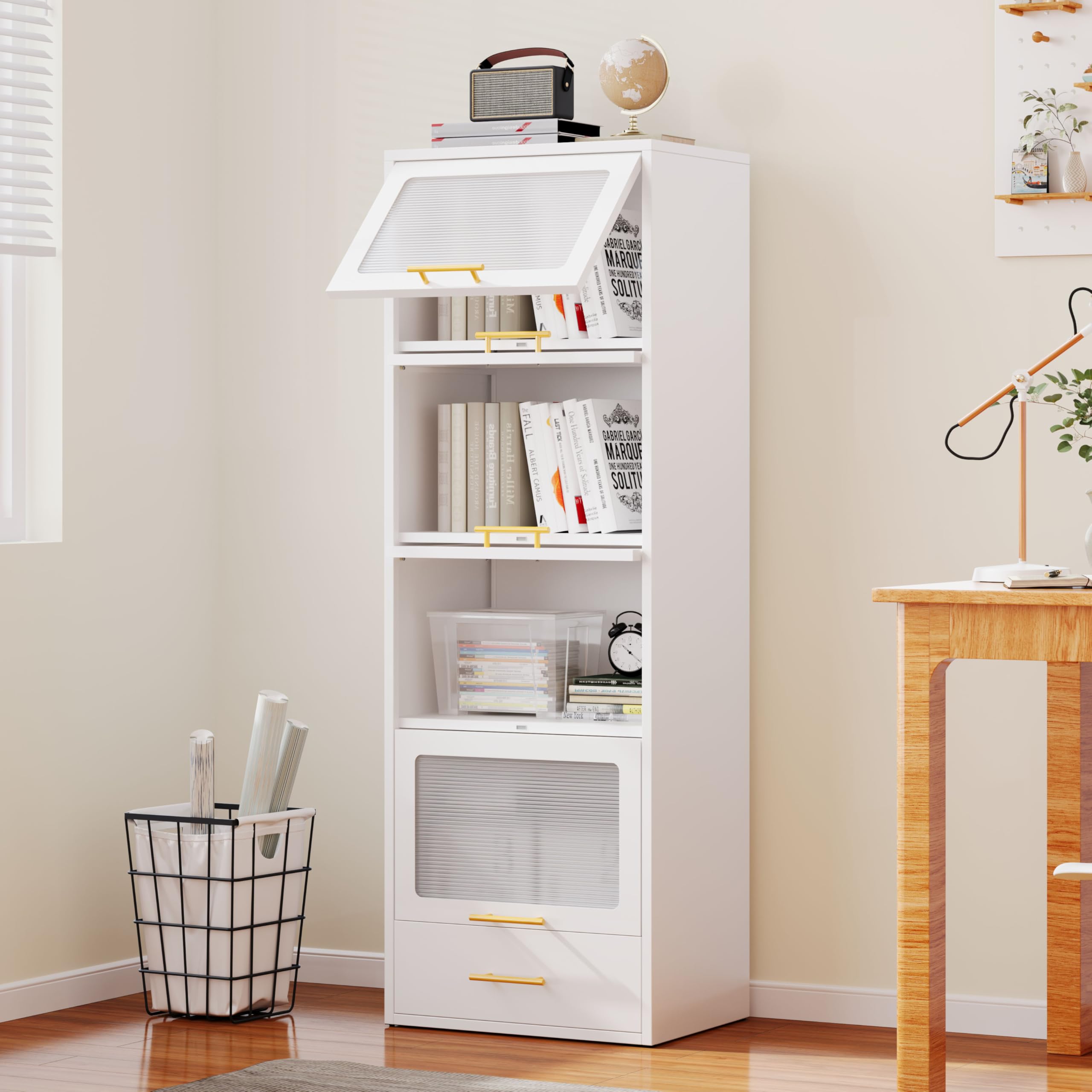 pozdeg Metal Display Storage Cabinet, 63.2" H Bookshelf and Bookcase with Flip-up Acrylic Doors and 1 Drawer, Freestanding Storage Cupboard for