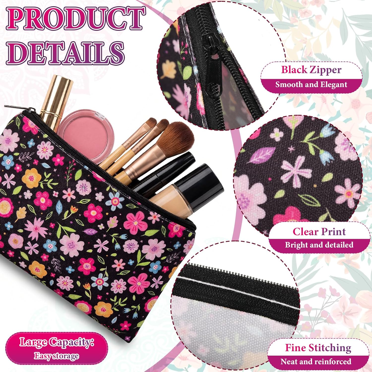 24 Pcs Mother's Day Makeup Bags Gifts with Zipper 7 x 4.3 Inches Floral Makeup Bags Bulk for Women Flower Travel Cosmetic Bag for Mother's Day Multicolor Party Favor Gifts