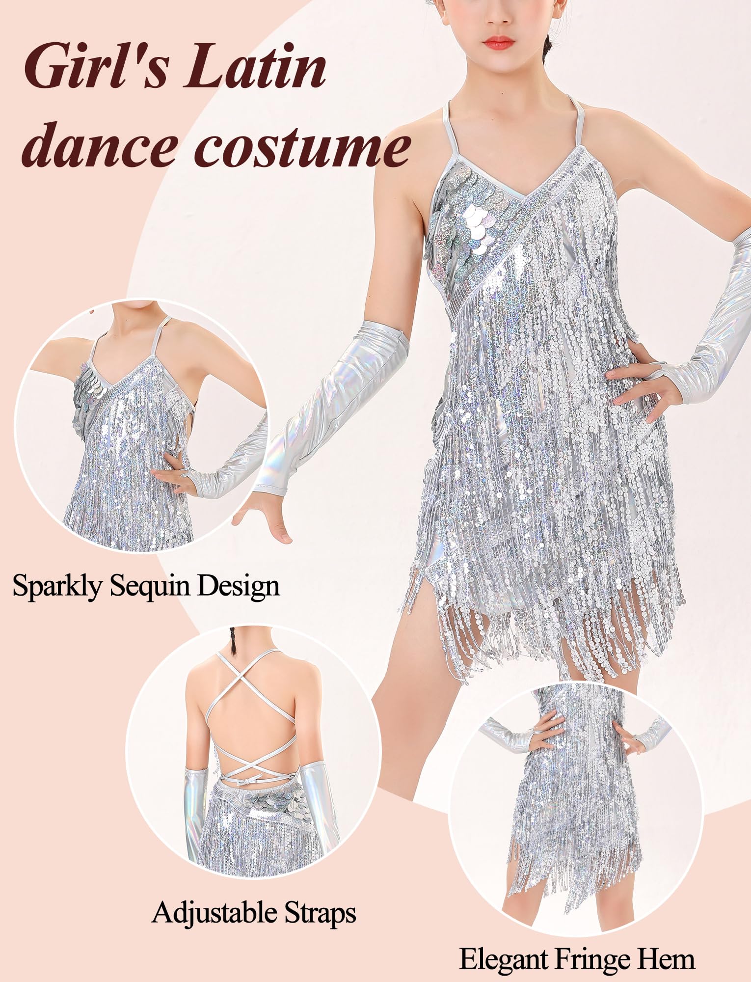Pailletten-Latein-Tanzkleider für Mädchen, glänzende Quaste, Fransen, rückenfrei, Cha Cha Rumba Kleid für Kinder, Tanzkleidung
