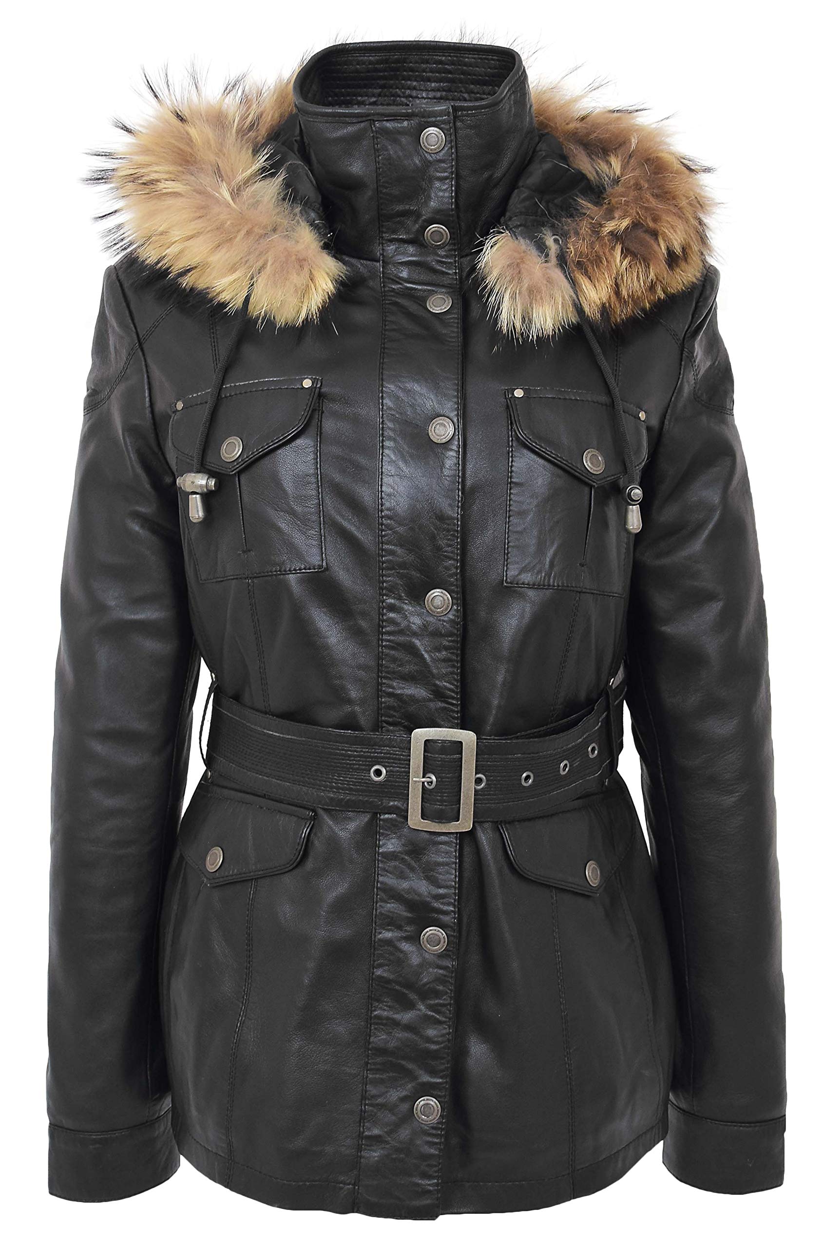 House Of Leather Women's Black Real Leather Coat Detachable Hooded Parka Daisy (18)