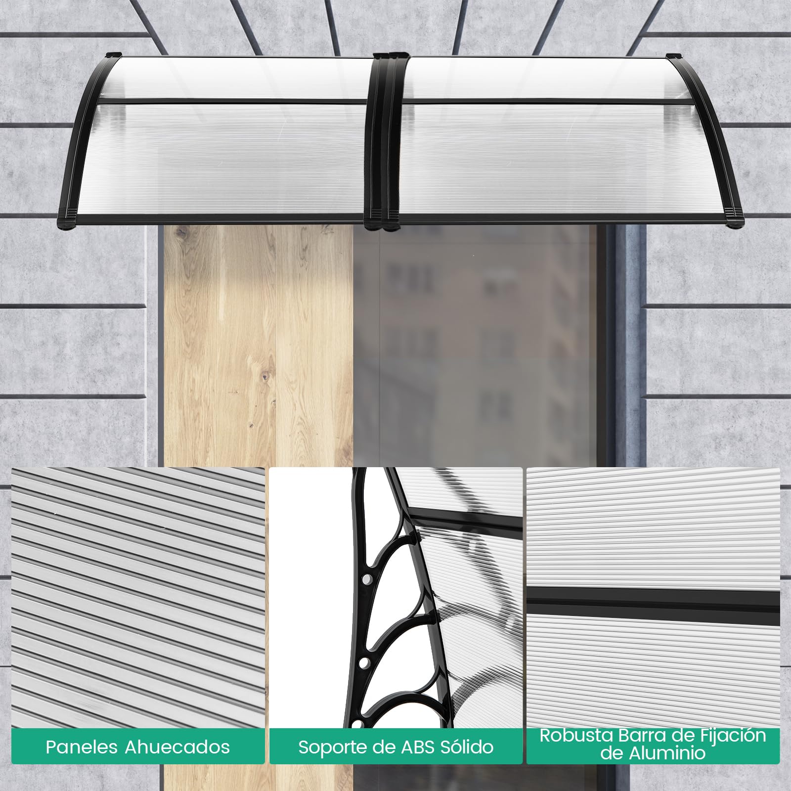 COSTWAY Marquesina Puerta Exterior 150 x 100 CM, Tejadillo de Protección Lluvia Nieve Viento Protección Solar, Tejadillo de Exterior (Gris, 150x100 cm)