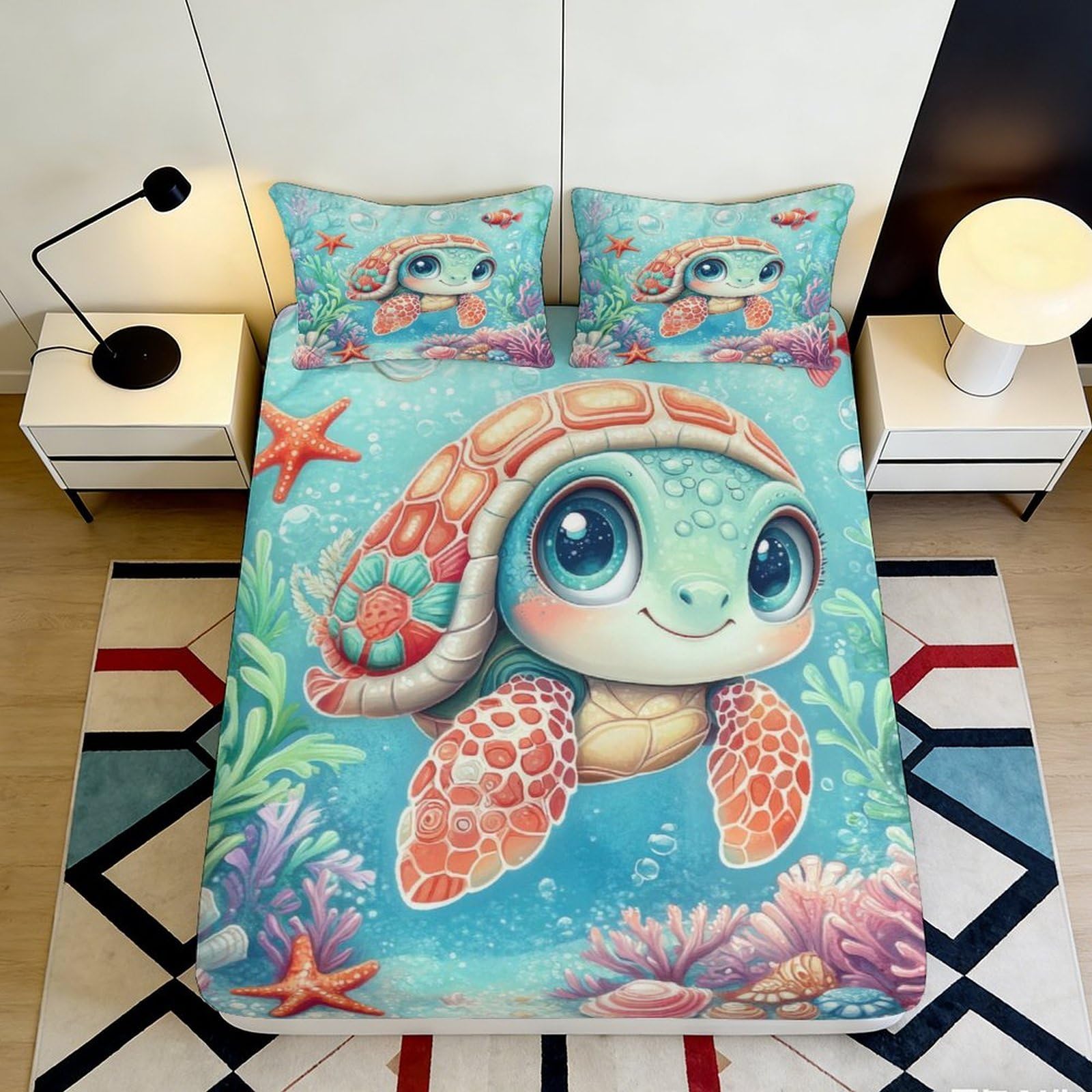 3D Printed Sea Turtle Fitted Sheet Microfiber Underwater Coral Mattress Cover Non-Slip Washable for Bedroom Guest Room 120x200x25cm