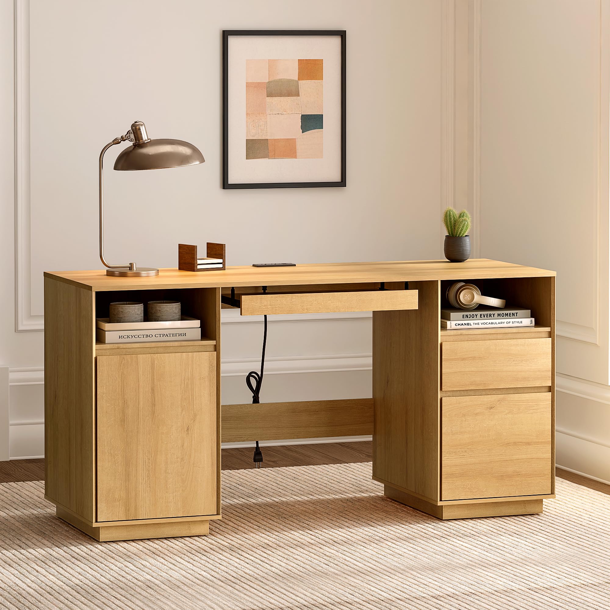 MoomJiee Farmhouse Executive Desk with File Drawer 59" Large Computer Desk Home Office Desk with Charging Station, Keyboard Tray, Storage Cabinet