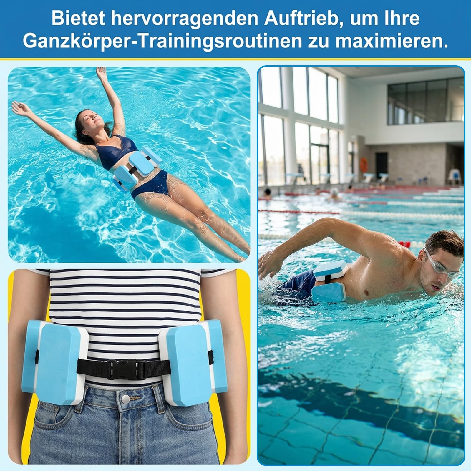 1 Stück Schwimmgürtel, Verstellbare Schwimmhilfe für Erwachsene, 5 Eva Schwimmkissen, Blaue und Weiße Schwimmgürtel, Ideal für Schwimmunterricht und Freizeitaktivitäten im Wasser