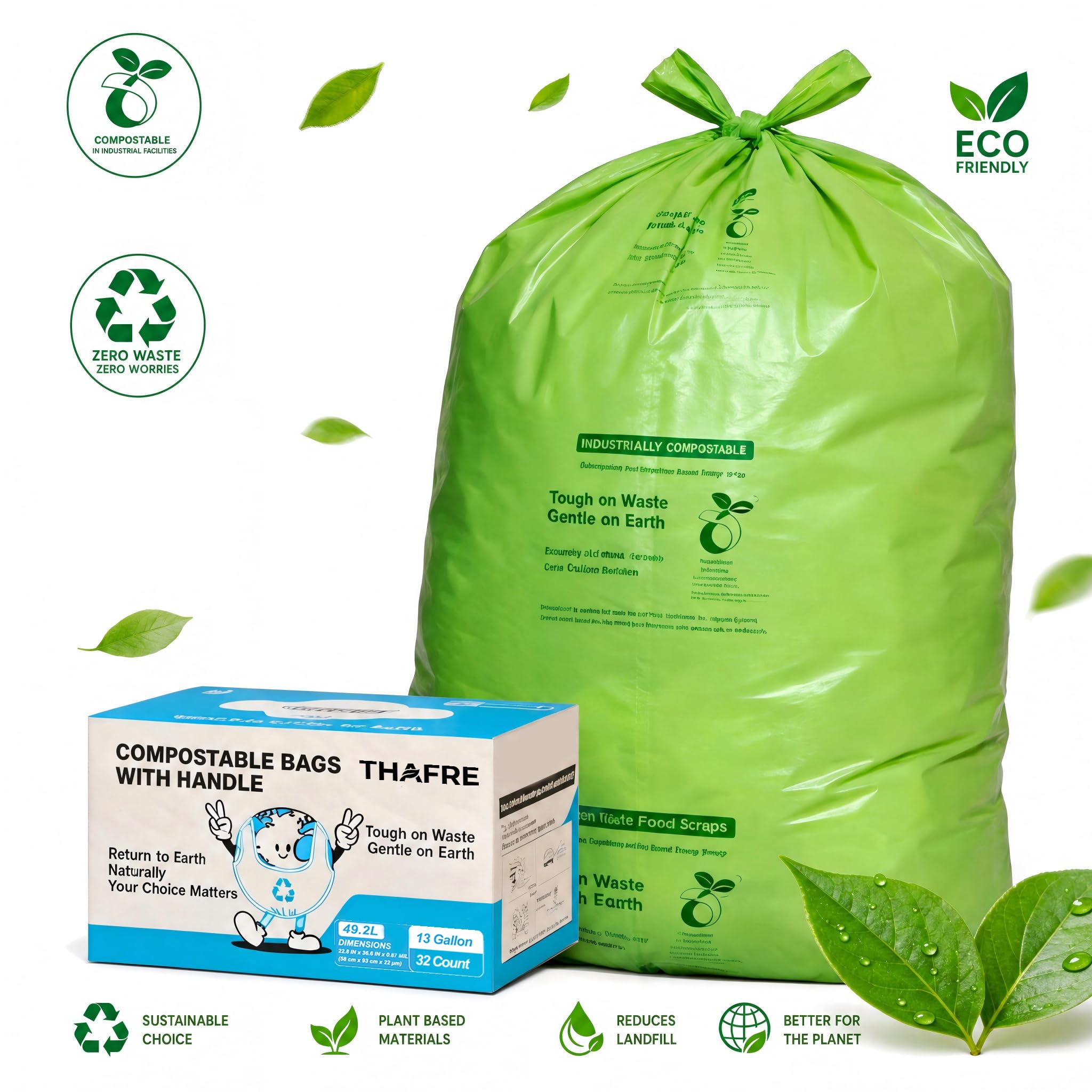 Sacchetti per rifiuti alimentari compostabili da 50 l, con manici a legame, sacchetti biodegradabili per la spazzatura da cucina, confezione da 4 scatole (totale 128 pezzi)