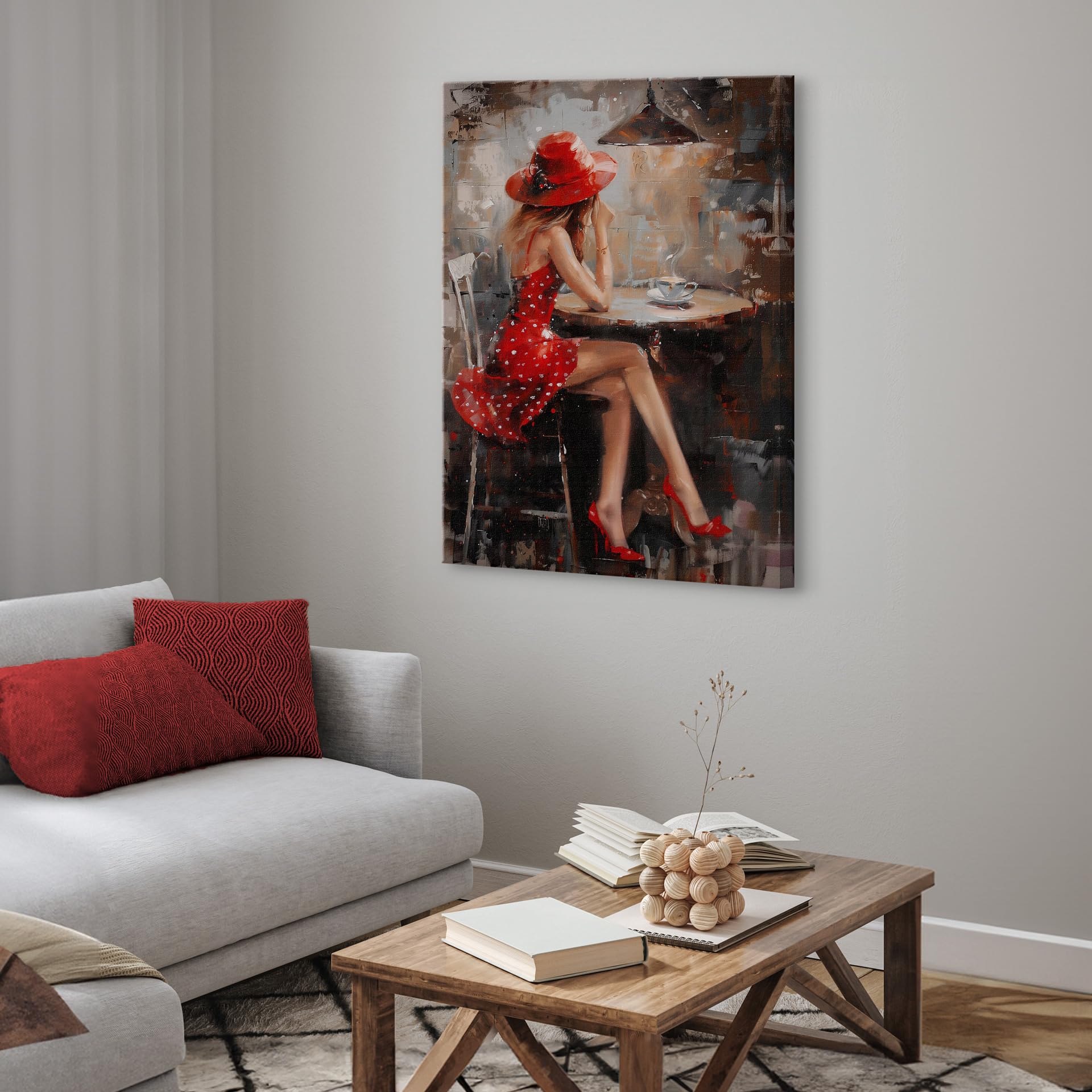 STYLER Tableau sur toile Desiree 60 x 80 cm prêt à accrocher – portrait féminin abstrait noir blanc avec touches rouges – décoration murale élégante