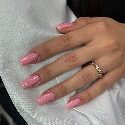Miniatura 16 de Xcreando - Uñas postizas Baby Pink de longitud media y largas, estilo coffin cuadrado, uñas acrílicas con pegamento, uñas postizas de color sólido