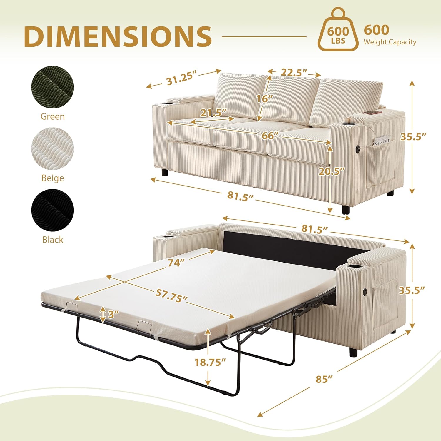 Pull Out Sofa Bed Queen Size, Sleeper Sofa with Memory Foam Mattress, 3 in 1 Convertible Pullout Couch Bed, 3-Seater Comfy Upholstered Loveseat for Living Room, Guest Room, RV (Beige, Corduroy)