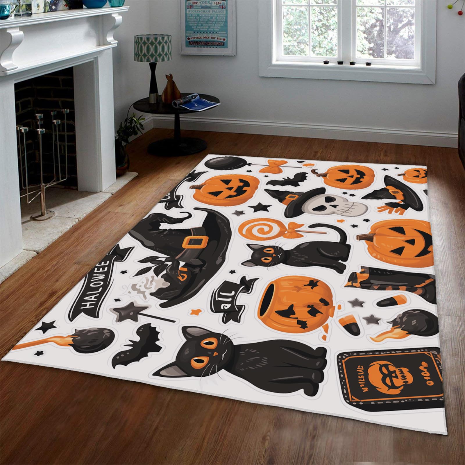 Tapis Halloween chat noir et crâne 80x120cm pour cheminée