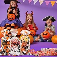 Vista 6 de LOMIMOS 150 bolsas de dulces de celofán de Halloween, bolsas de plástico transparente con 300 lazos giratorios para aperitivos, galletas